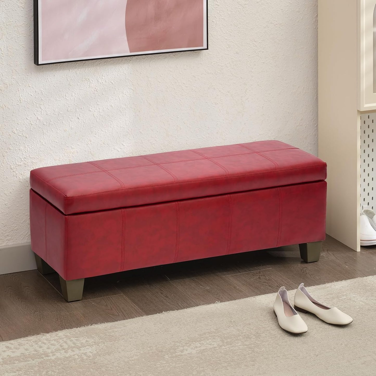Faux Leather Ottoman with Storage, Rectangular Extra Long Storage Bench for Bedroom and Living Room, Midnight Red