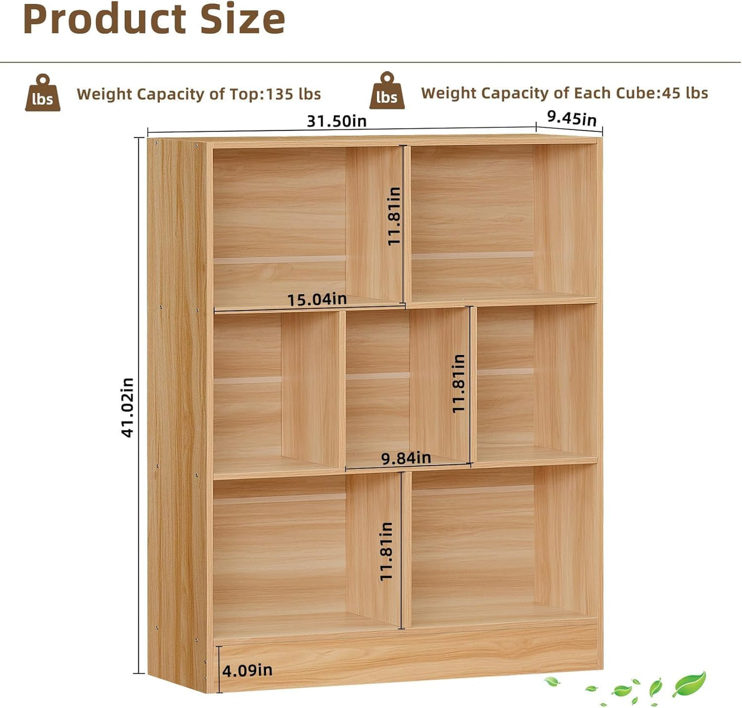 LEYAOYAO 7 Cube Bookshelf with Wood Base,Natural 3 Tier Mid-Century Modern Bookcase,Standing Wide Bookshelves Storage Organizer Shelf,Rustic Display Cabinet Book Shelves for Bedroom,Living Room