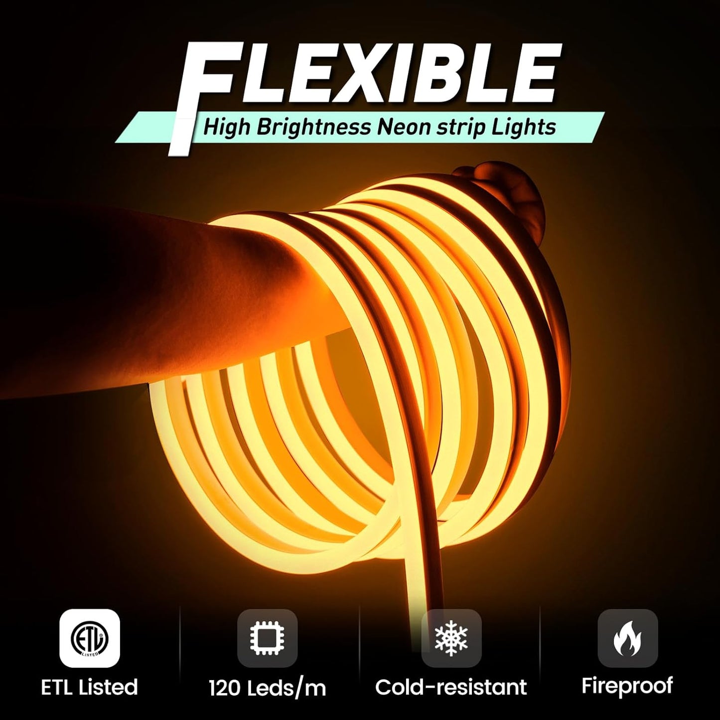 GZBtech Flexible LED Neon Rope Lights 50FT,AC 110-120V Waterproof Strip Light, 120 LEDs/M Cuttable Connectable Neon Lighting for Indoor Outdoor Home Decor/Commercial Building Use-Amber 15M