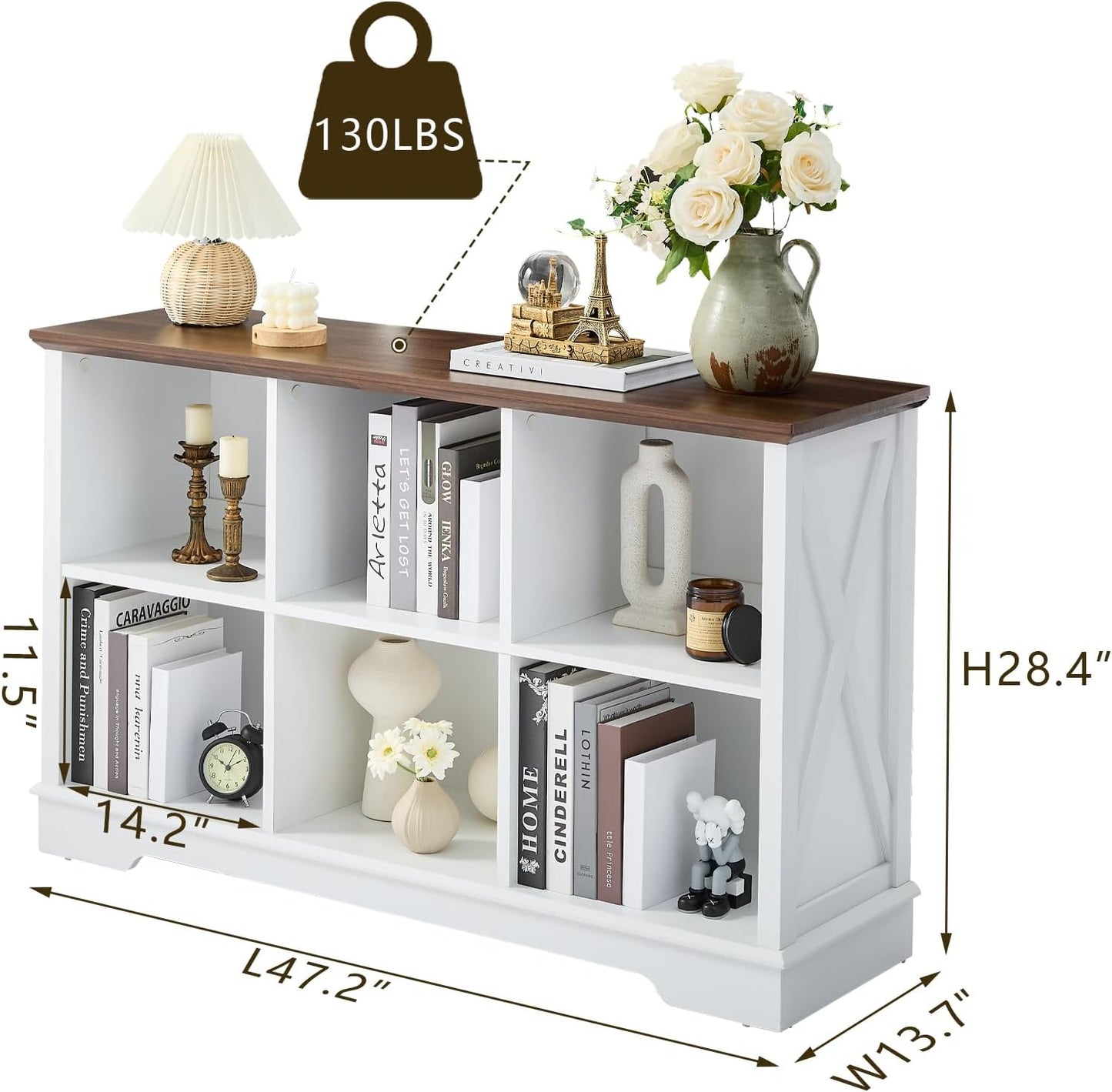 Farmhouse 6 Cube Bookshelf, White Storage Organizer Bookcase, Kids Toy Storage Cabinet, Long Bookshelves Storage Organizer Shelf, Wood Display Cabinet Book Shelves for Bedroom,Living Room,Office