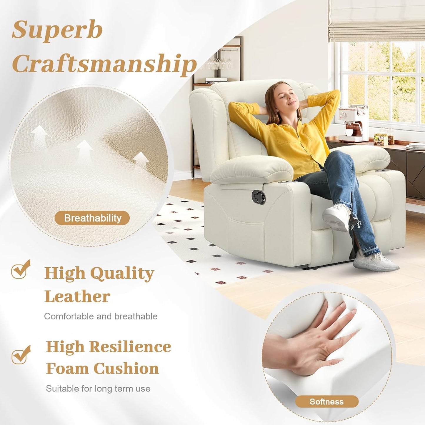 Recliner Chair for Adults, Oversized PU Leather Manual Pull Tab Reclining Chair with Cup Holders, Minimalist Style Single Sofa for Living Room, RV (Ivory White)