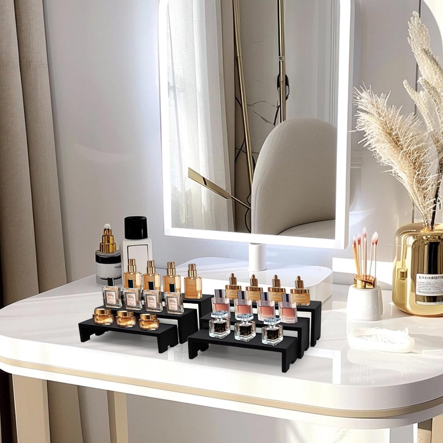 Display Wood Risers Wooden Stand 3 Tier 4 Set 12 Pieces Wood Racks Decorative Rectangular, Cupcake Stands Cologne Perfume Organizer Showcase Items(New Black)