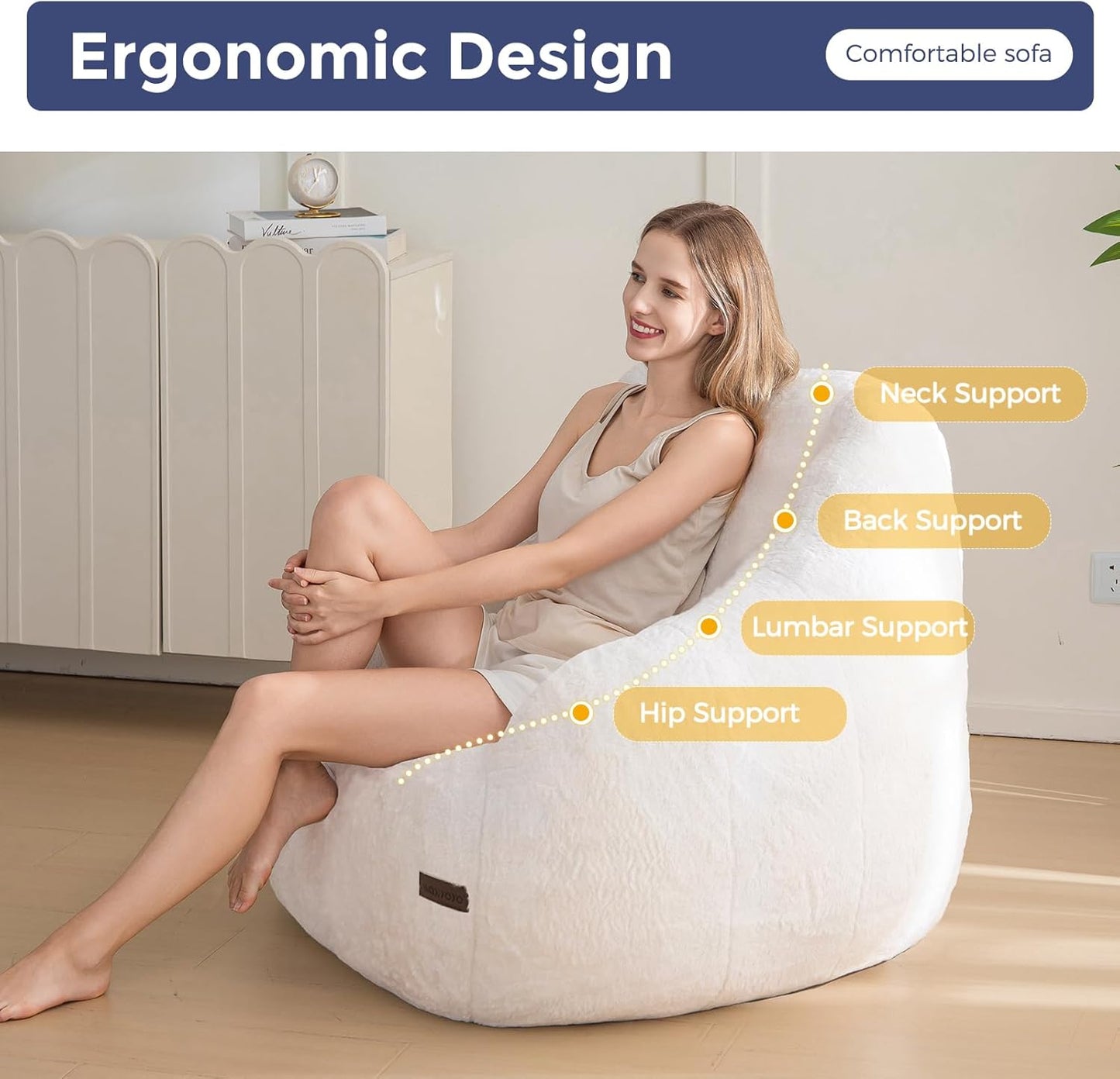 MAXYOYO Bean Bag Chair, Comfy Bean Bag Sofa with Back Support, Faux Fur Bean Bag Chair for Adults and Kids, Stuffed Floor Sofa for Living Room, Bedroom, Apartment, Beige