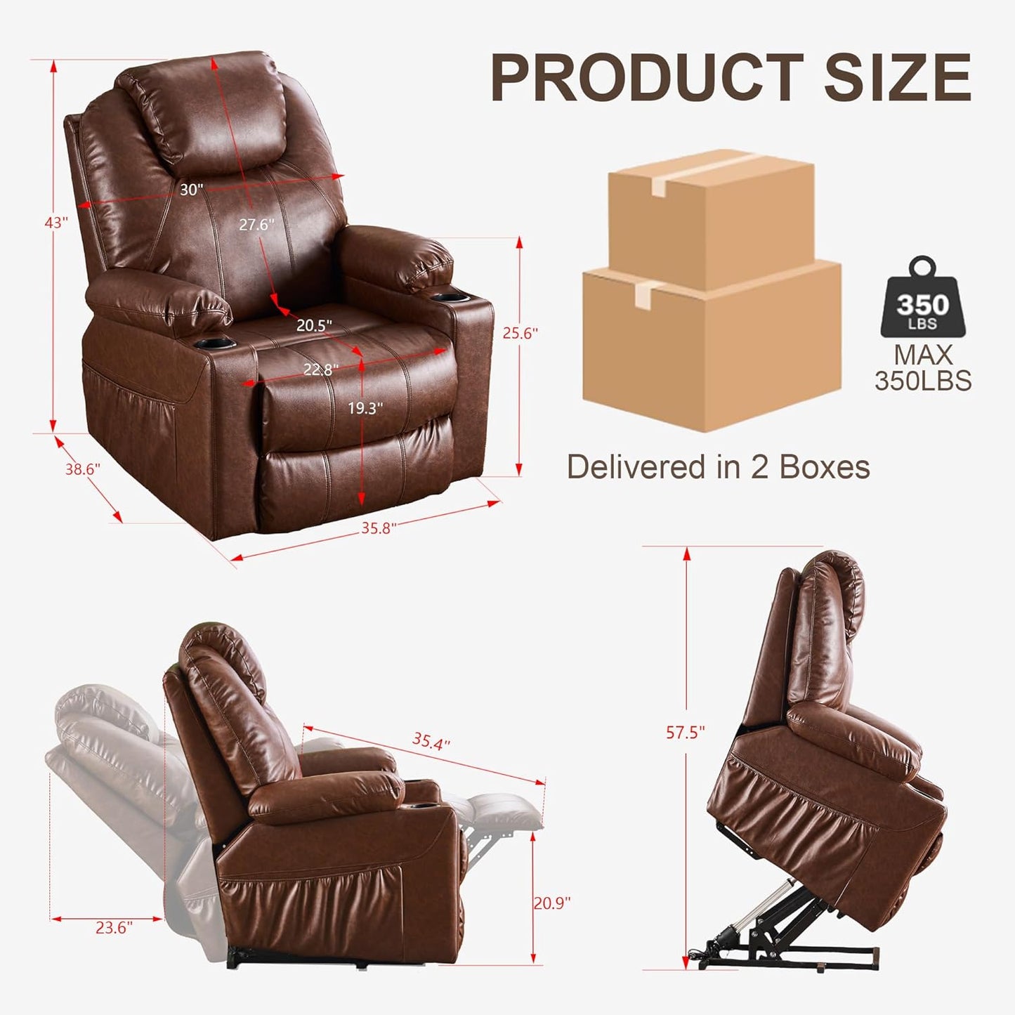 SALOHZA Power Lift Recliner Chair for Elderly with Massage and Heat for Living Room, Electric Recliner Chair for Adults with USB/Type C Port/Cup Holders, PU Faux Leather, Dark Brown