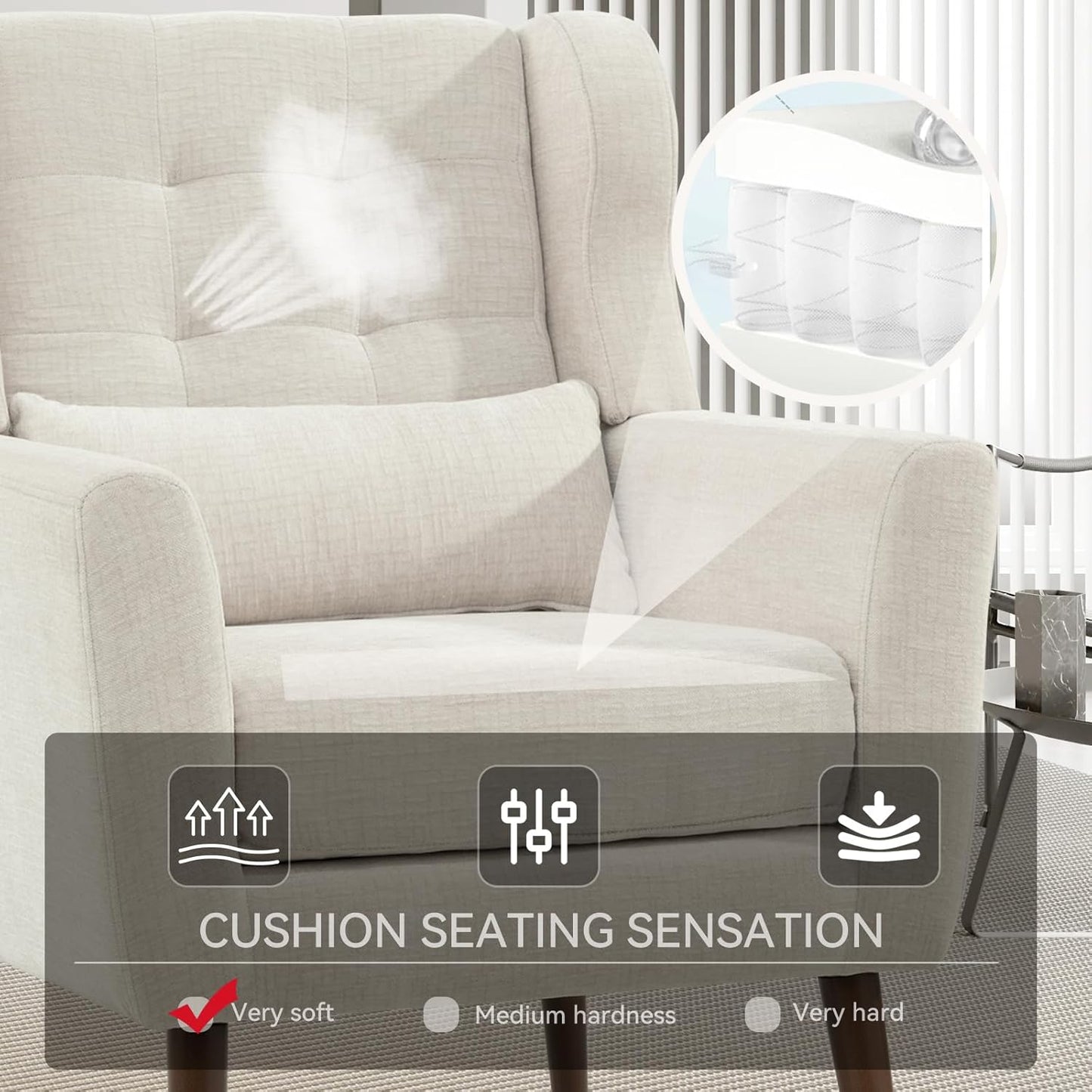 Modern Accent Chair, Upholstered Armchair with Pillow, Fabric Single Sofa Chair with Lounge Seat and Wood Legs Accent Chair for Living Room Bedroom Small Spaces (Beige, Set of 1)