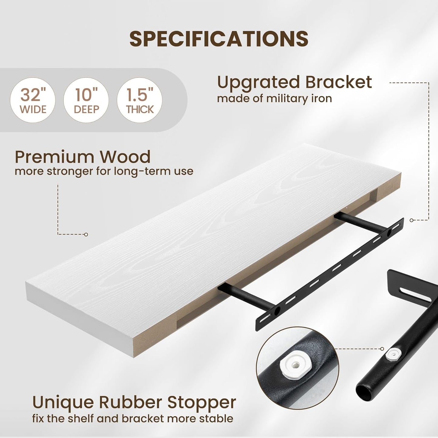 Fun Memories Floating Shelves for Wall, 32 Inch Long Floating Shelves Set of 2, 32 x 10 Wooden Shelves for Wall, Large Storage Shelves, Hanging Shelves for Bathroom Kitchen Bedroom, White