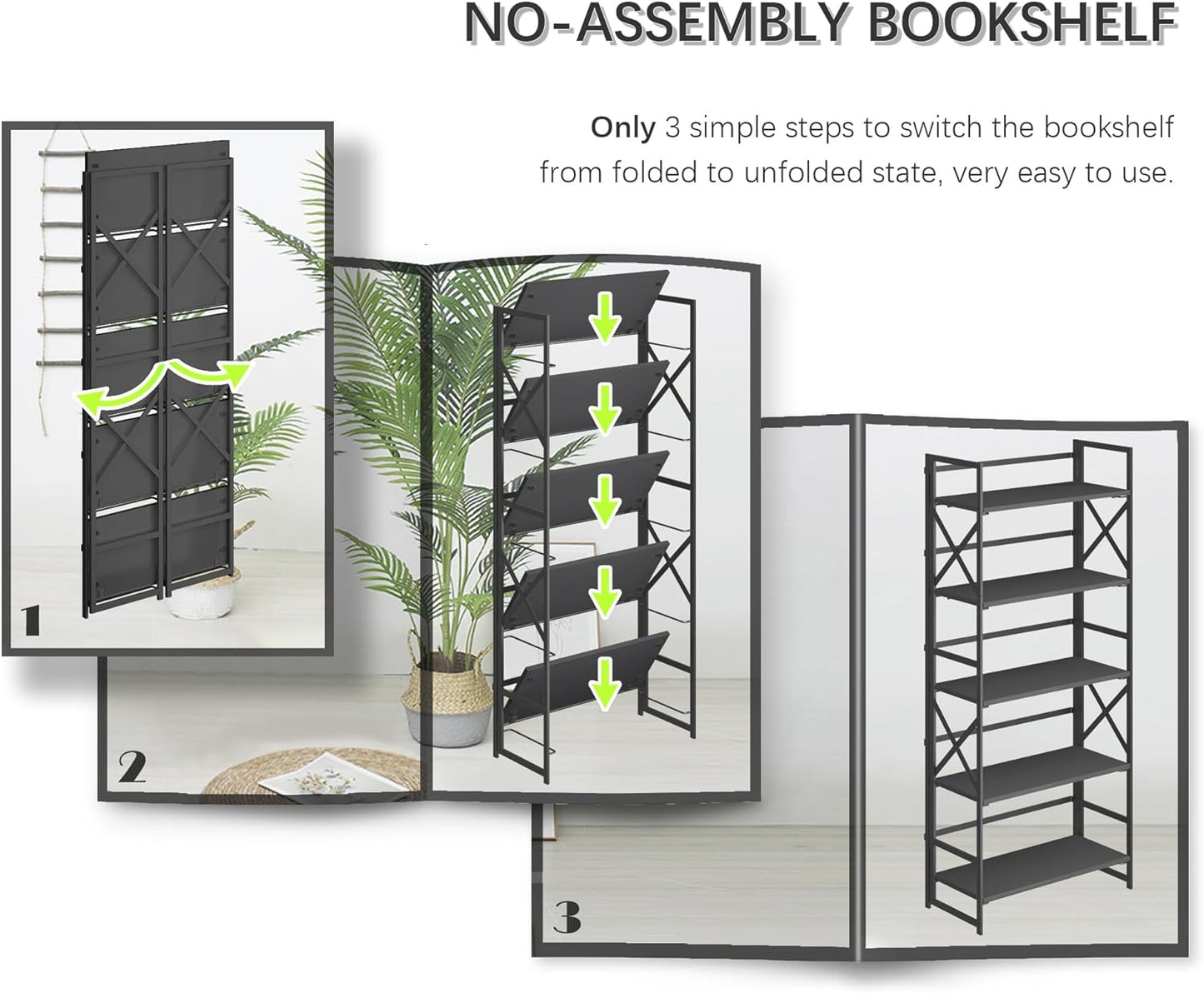 4NM 5 Tiers No Assembly Book Shelves, 51.2" H Folding Bookshelf Bookcase Open Industrial Foldable Shelves for Bedroom, Living Room, Home Office - All Black