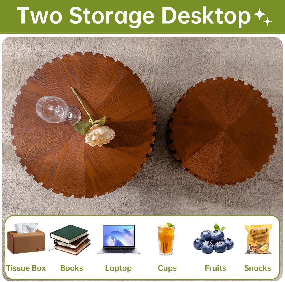 Round Nesting Coffee Table Set of 2 Small Round Coffee Tables for Living Room Modern Fluted Coffee Table Circular End Table Side Table for Small Spaces No Assembly (Brown, 18 in)