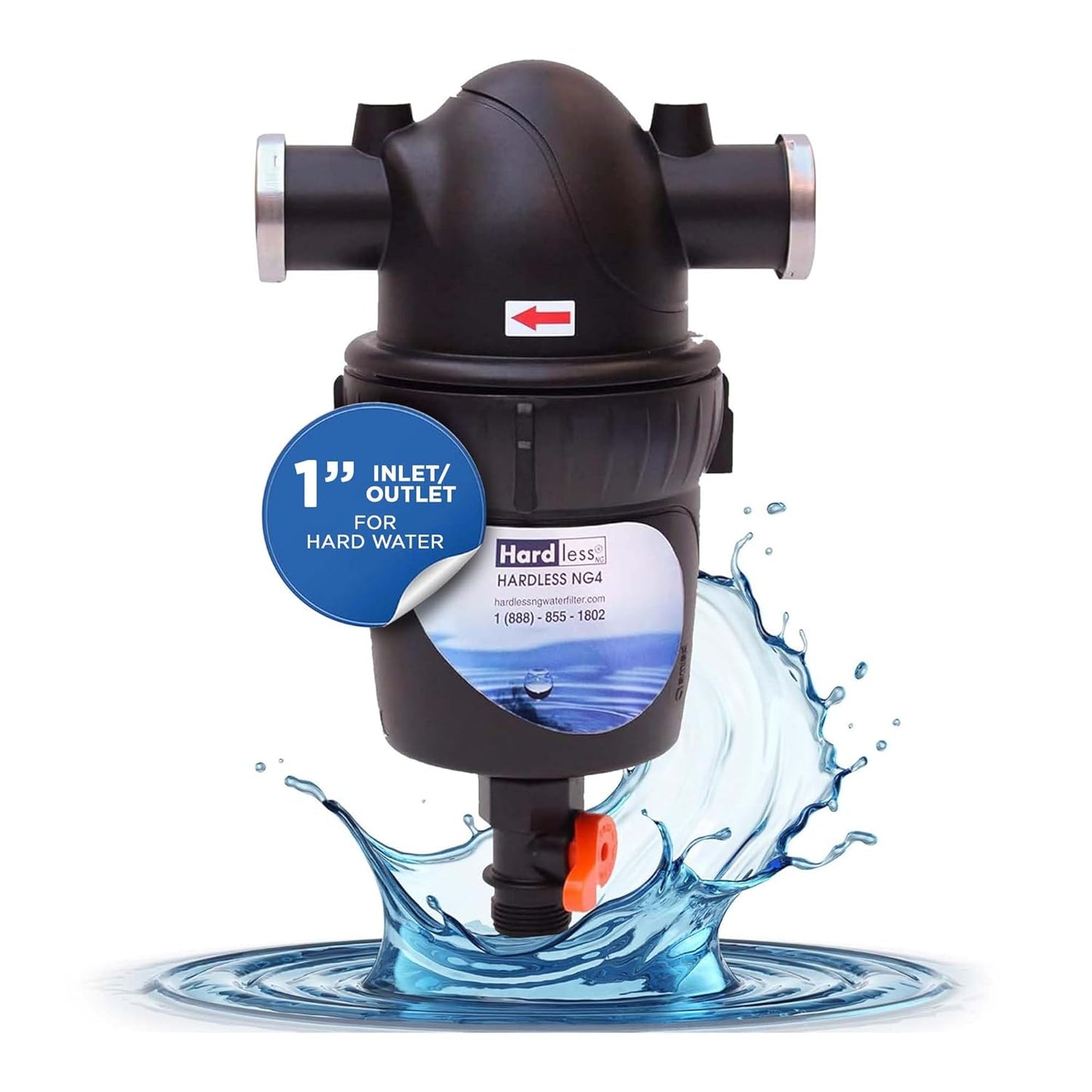 Hardless NG4 Whole House Water Filter - Salt-Free Softening Device - Reduces Limescale, Sediment & More - Compact, Easy to Install - Comes w/ 1" Inlet/Outlet- Filtration System for Extra Hard Water