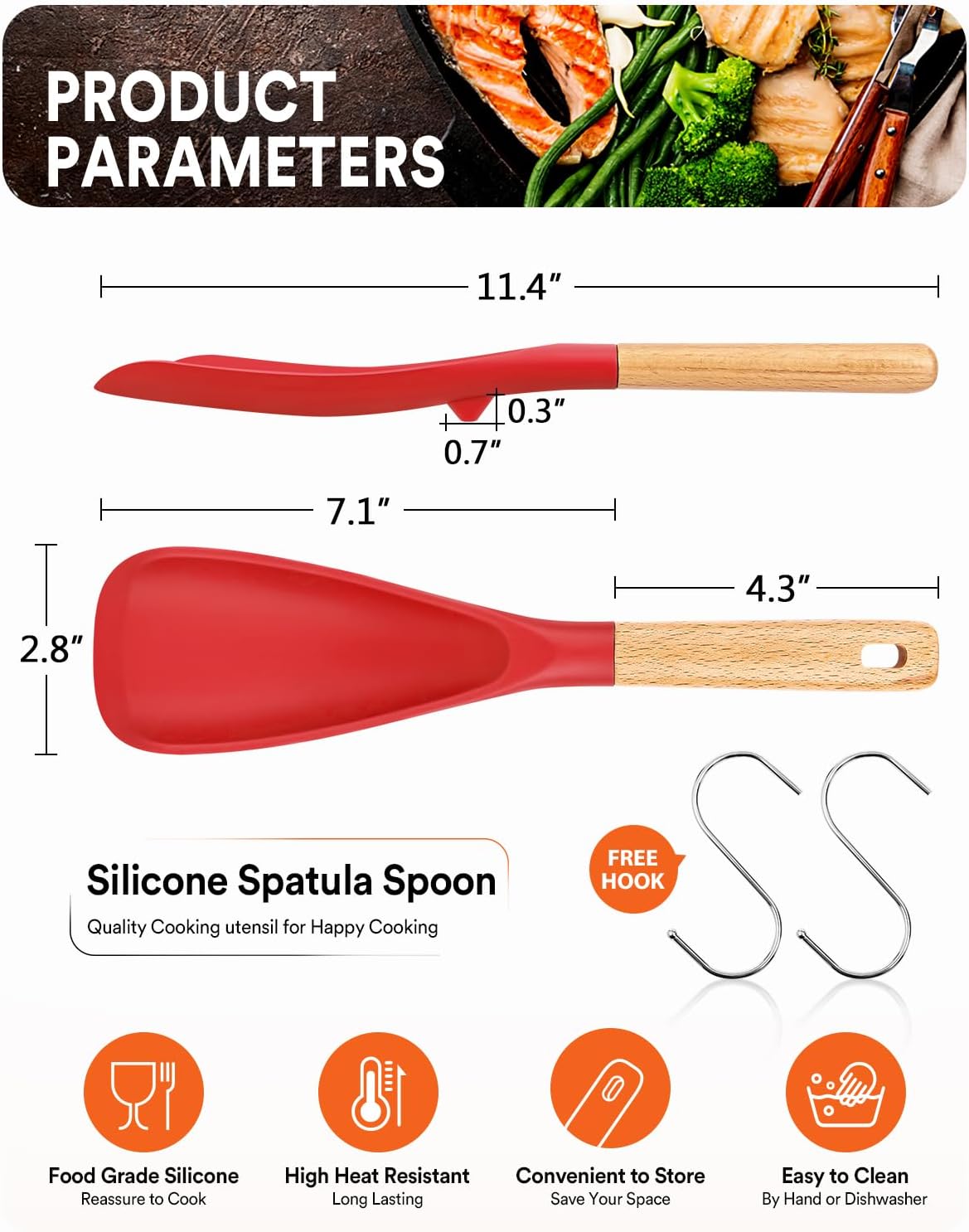 Cooking Spoon for Nonstick Cookwares, Great for Cooking and Serving Sturdy BPA-Free Matte Silicone, Wood Handle Spoon for Mixing, Scoop, and Scrape (2 Pack of Red, 11.4 inch)