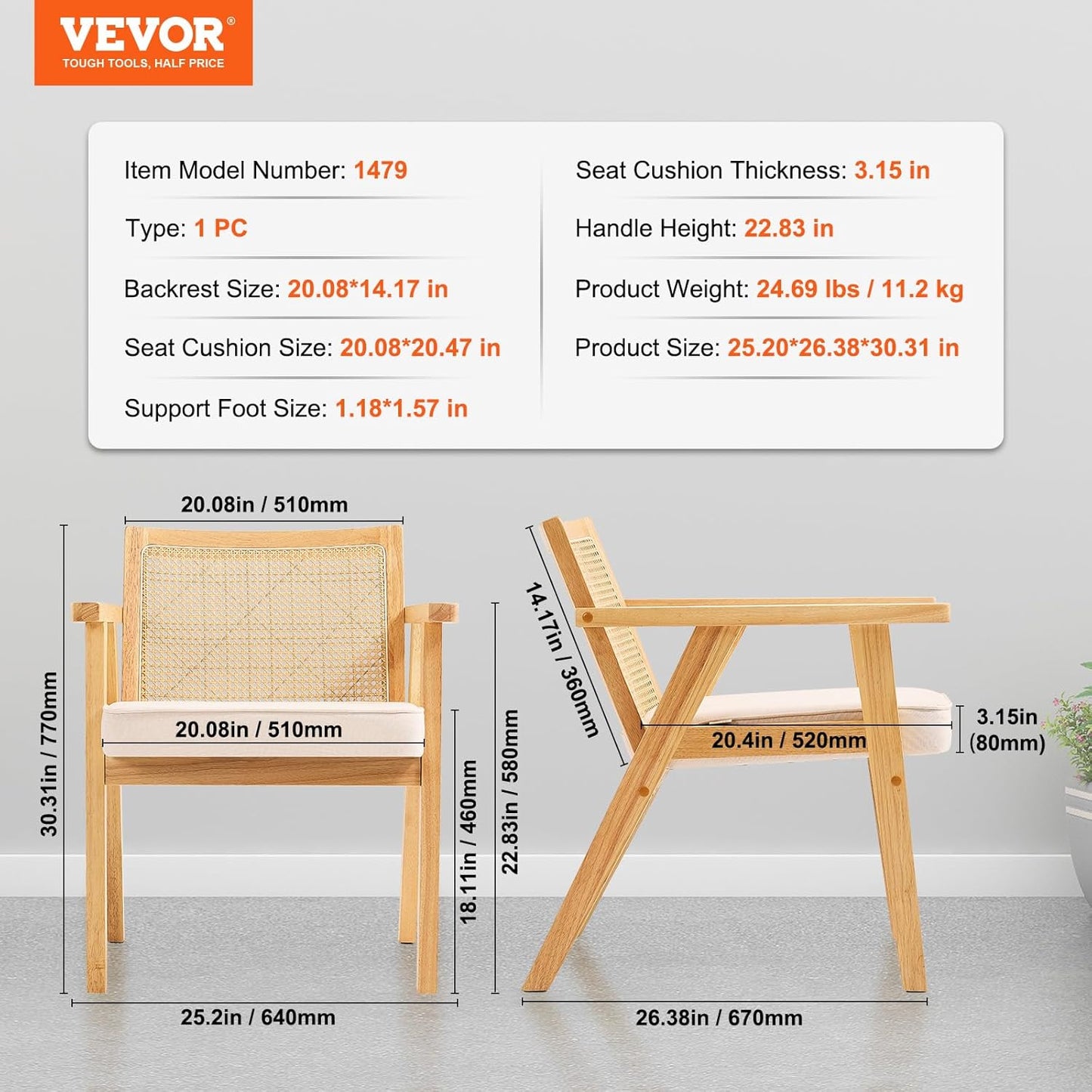 VEVOR Mid Century Modern Rattan Chair, Upholstered Velvet Accent Chair with Rattan Back, Retro Living Room Chair for Living Room, Bedroom, Reading Room, and Office, Beige