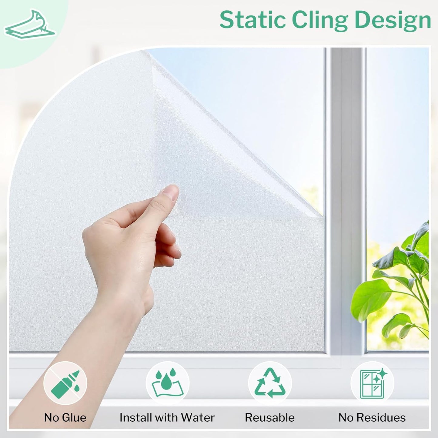 DOWELL Window Privacy Film, Frosted Glass Window Film, Static Cling Non-Adhesive Glass Clings, Sun Blocking Opaque Coverings, Reusable Door Stickers for Bathroom Home Office, Pure, 23.6"x157.5"