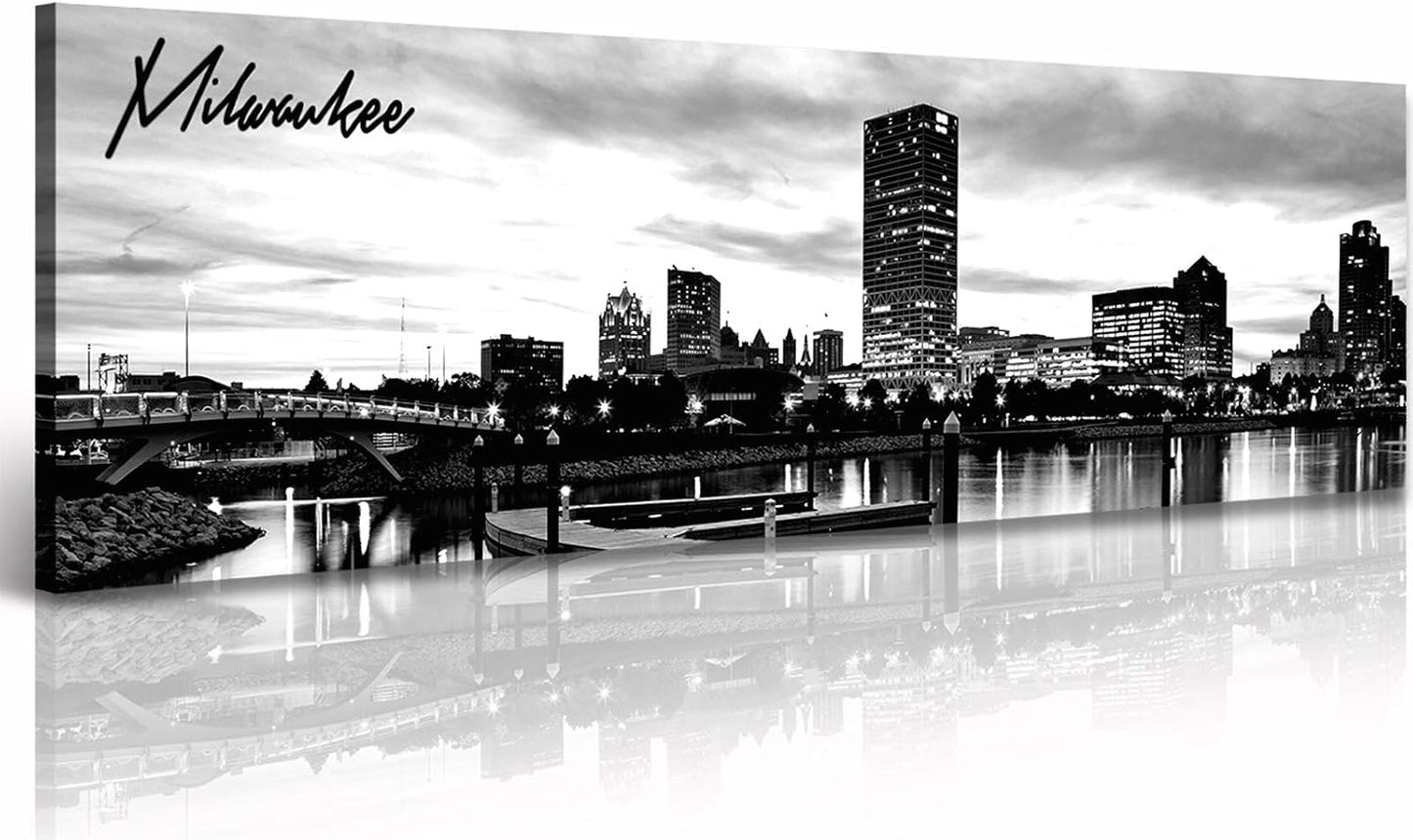 DJSYLIFE Milwaukee Skyline Wall Art Black and White Stretched Canvas Wall Art Prints for Bedroom or Office Decoration Ready to Hang 13.8" x 47.3"