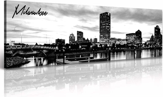 DJSYLIFE Milwaukee Skyline Wall Art Black and White Stretched Canvas Wall Art Prints for Bedroom or Office Decoration Ready to Hang 13.8" x 47.3"