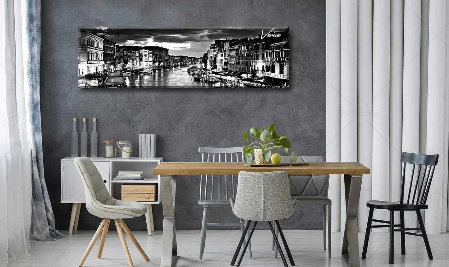 DJSYLIFE Venice Skyline Wall Art Black and White Italy Cityscape Canvas Print Painting Buildings Grand Canal Landscape Pictures Modern Artwork for Man Room Office Living Room Decoration 13.8"x47.3"