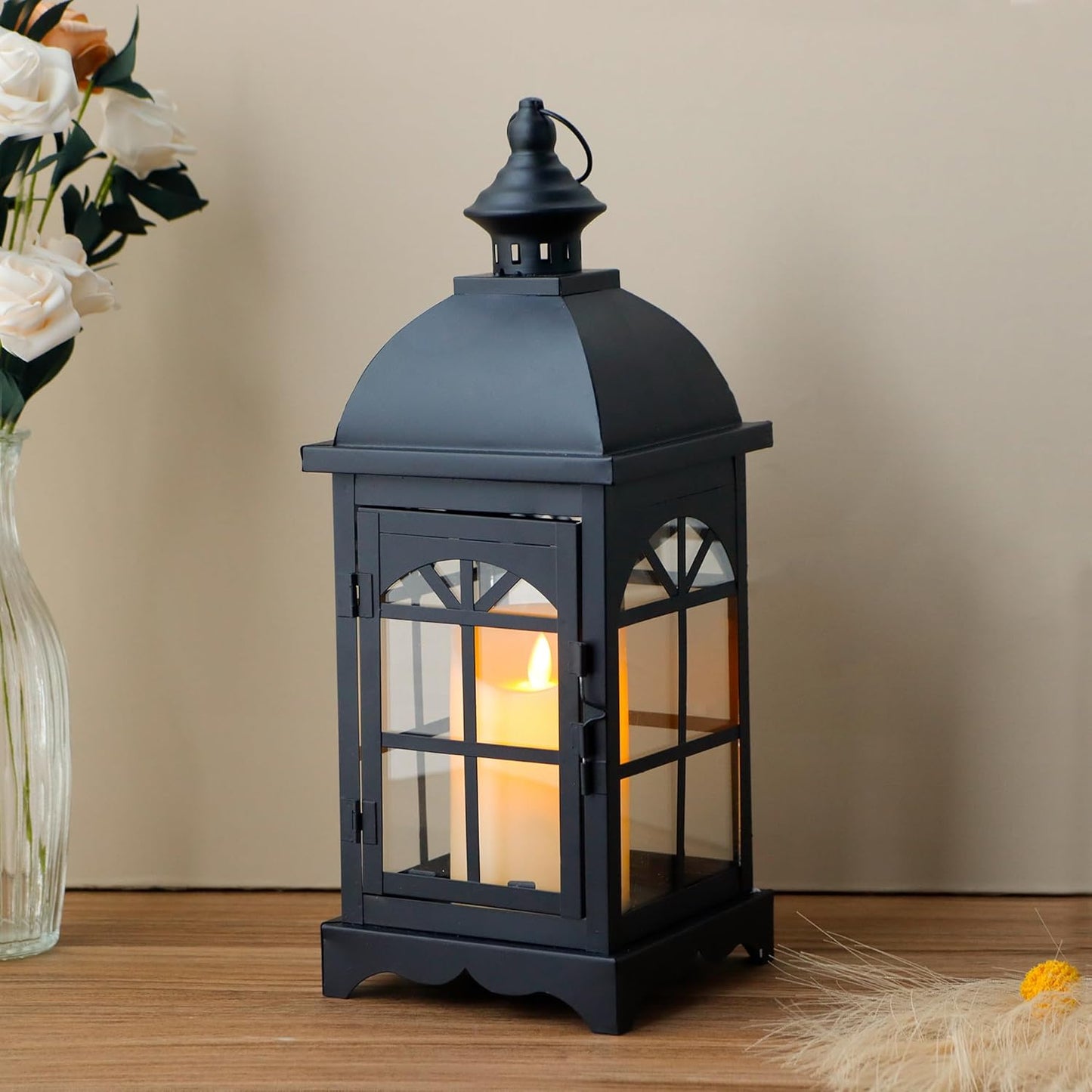 TRIROCKS Decorative Vintage Candle Lanterns 14.5" H Farmhouse Outdoor Hanging Lanterns with Tempered Glass for Porch, Balcony, Patio, Home, Centerpieces, Indoor, Outdoor(Black)