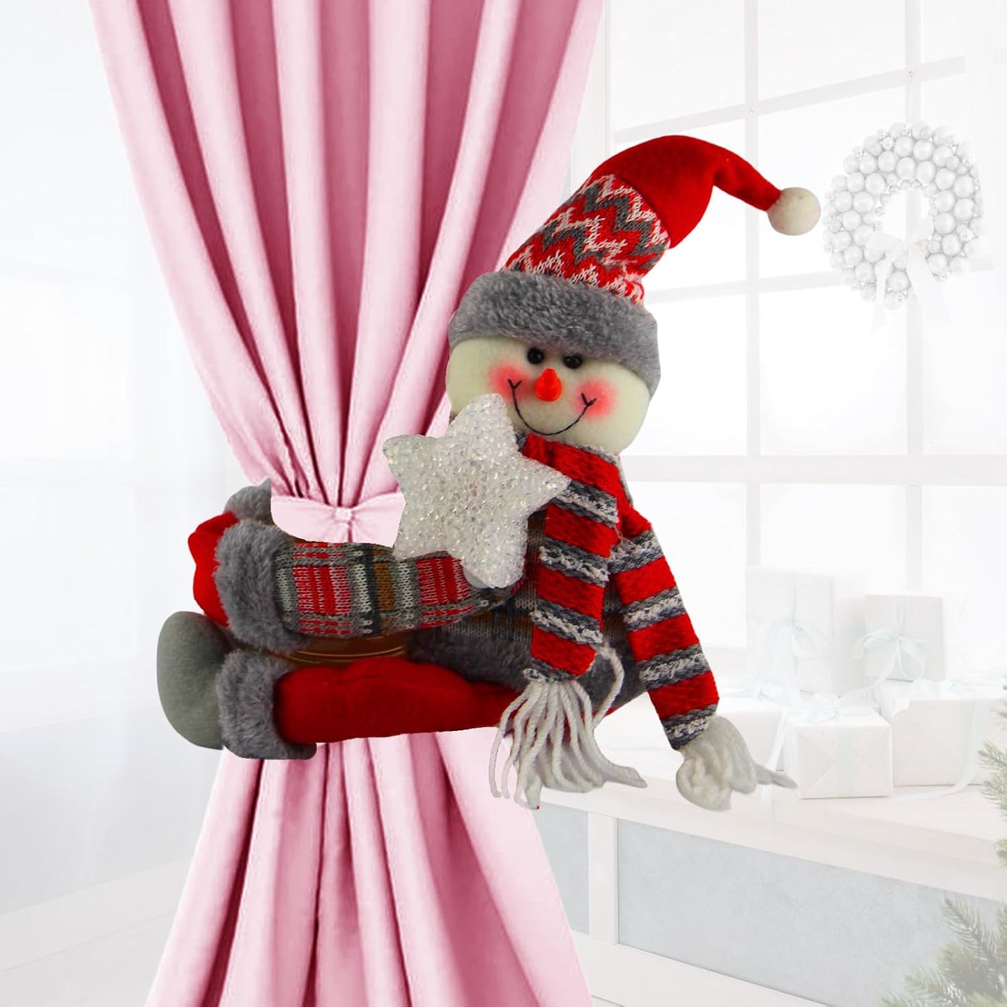 Christmas Plush Snowman Tree Topper with Lighted Red Star,Xmas Treetop Ornament-Also Be Used As Home Curtain Tie and Hugger Wine Bottle Party Decorations