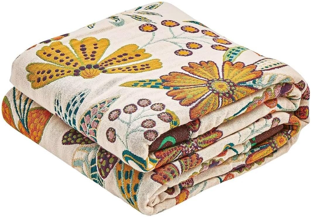 Boho Throw Blanket, 100% Cotton Ultra Soft Luxury Throw Rustic Quilt, 60"x80" Floral Printed Farmhouse Decor Bed Summer Blankets, All Season Rustic Reversible Bohemian Throw for Bed - White