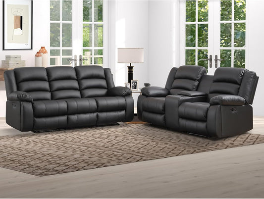 EBELLO Faux Leather Manual Recliner Sofa Set, Loveseat Reclining Sofa and 3 Seat Recliner Sofa, Couch Set for Living Room, Bedroom, Meeting Room, Black (Loveseat+Sofa)