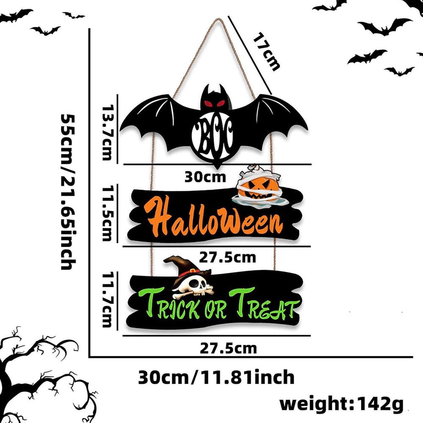 Halloween Door Hanging Sign Decoration 3 Pieces Wooden Plaques Wall Art with Bat Pumpkin Skull Pattern Trick or Treat Wooden Plaques for Yard Front Door Home Outdoor Hanger