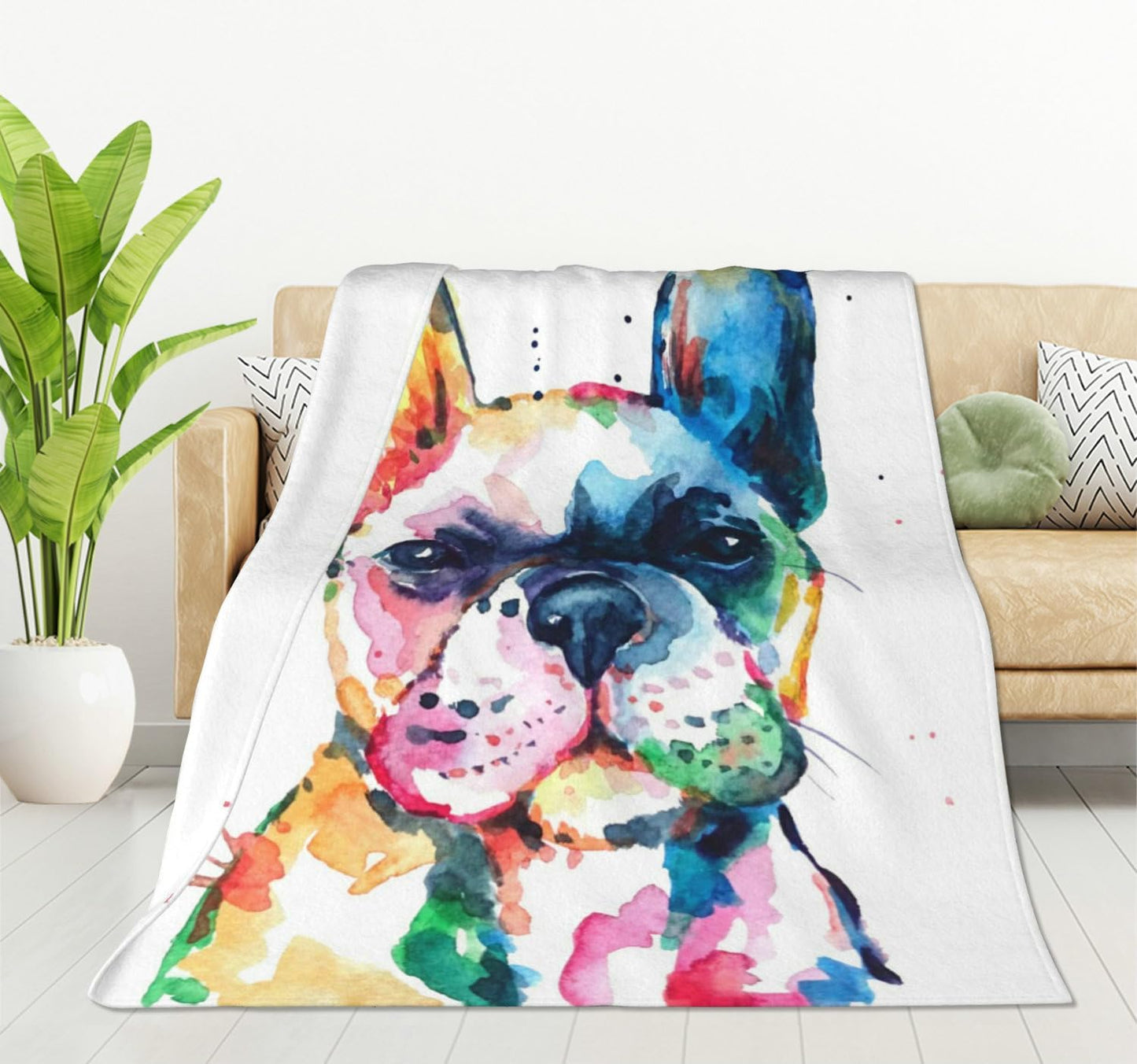 HGOD DESIGNS Watercolor French Bulldog Fleece Throw Blanket Ultra Soft Cozy Blooming Decorative Flannel Blanket All Season for Home Couch Bed Chair Travel 50x60in