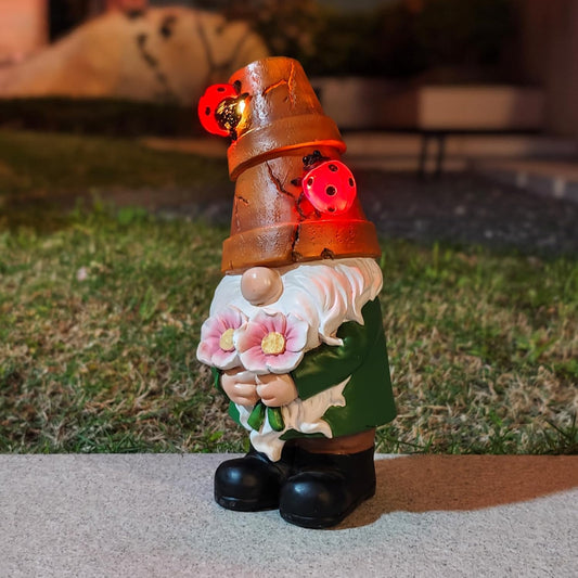 COWOS Garden Gnome Statues Outdoor Decor, Solar Gnomes with LED Lighted Flowers, Solar Resin Outdoor Statue Sculpture, for Woman Gift Home and Garden Decor