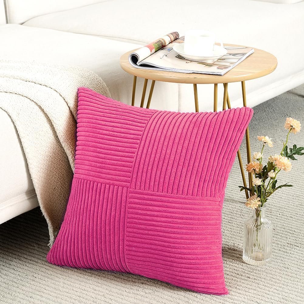 Fancy Homi 2 Packs Hot Pink Big Decorative Throw Pillow Covers 24x24 Inch for Living Room Couch Bed, Rustic Farmhouse Boho Home Decor, Soft Corss Corduroy Patchwork Accent Square Cushion Case 60x60 cm