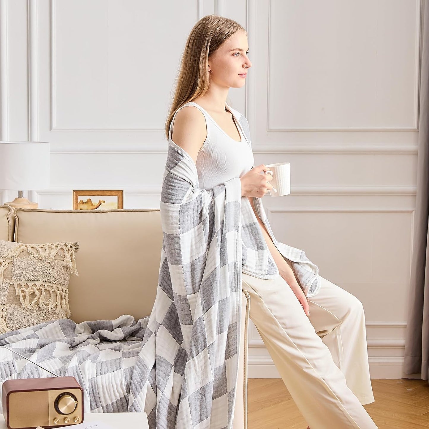 EMME Checkered Cotton Blanket Twin Large 60"x80" 100% Muslin for Couch Breathable Cooling Gauze All Season Soft and Lightweight Pre-Washed (Light Grey)