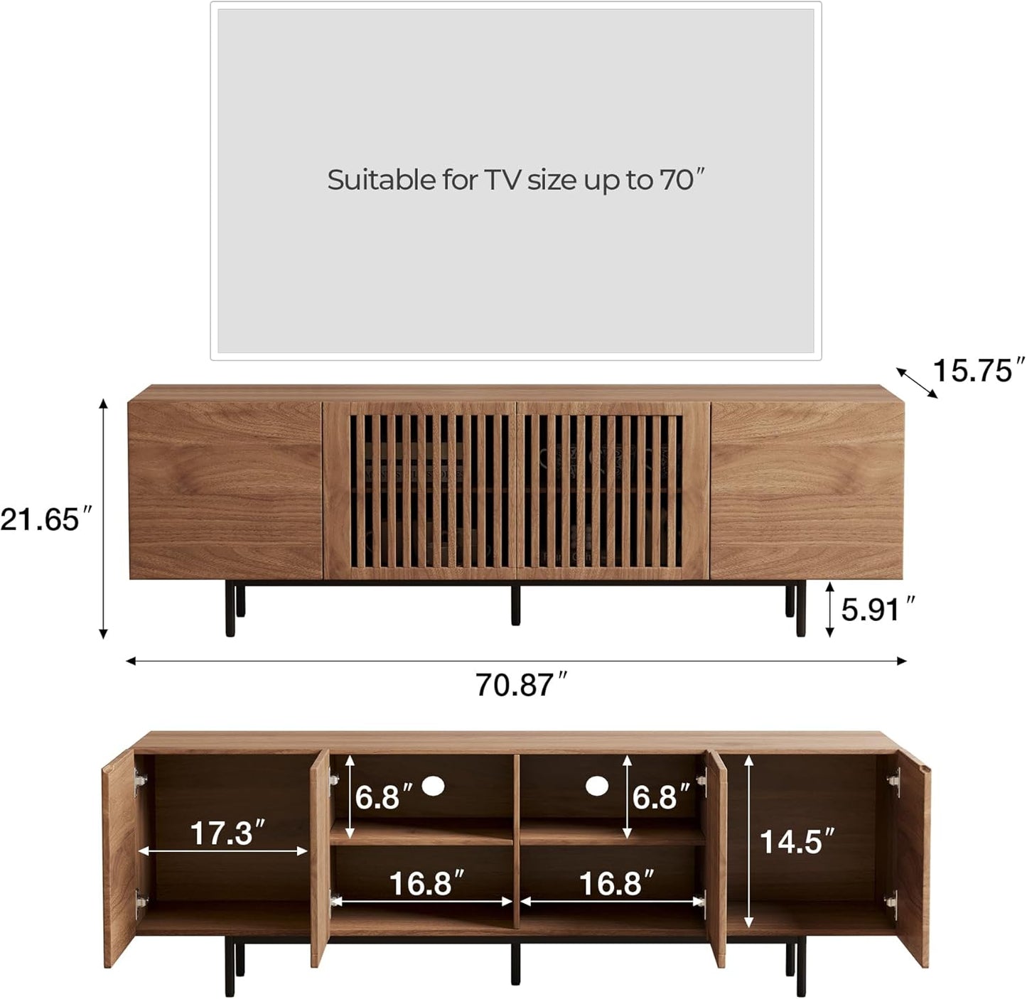 Mid Century Modern TV Stand for 70 Inch TVs, 70.87" Walnut Console with Ample Storage – Stylish Entertainment Center for Living Room or Bedroom