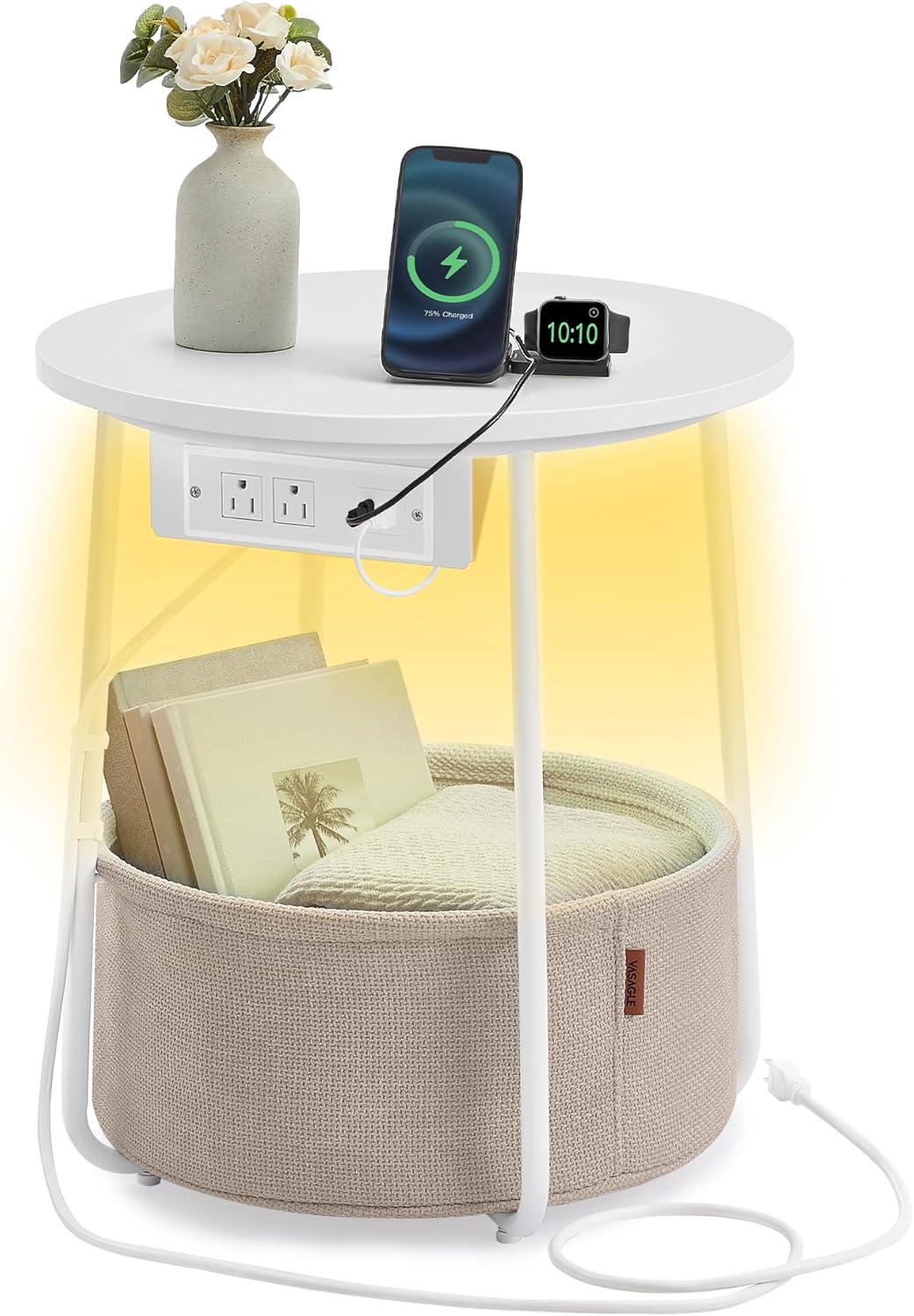 VASAGLE Side Table with Charging Station, Round End Table with Fabric Basket, LED Nightstand with Power Outlets, USB Ports, for Living Room, Bedroom, Modern, Matte White and Camel Brown ULET227W01