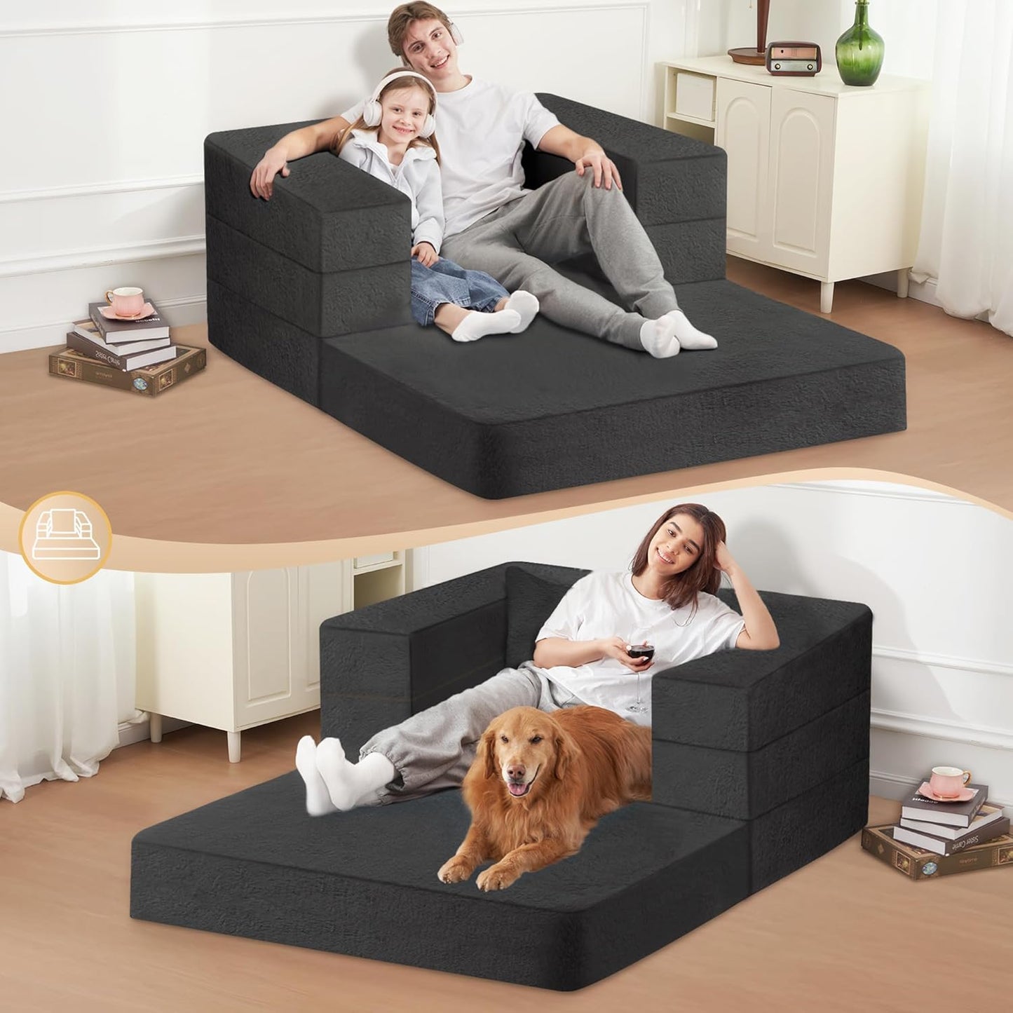 Folding Bean Bag Chair for Adults,3-in-1 Bean Bag Couch Faux Fur Floor Sofa Large Beanbag Convertible Bean Bag Sofa Bed with Pillow in Bedroom,Living Room,Apartment(Twin,Black)