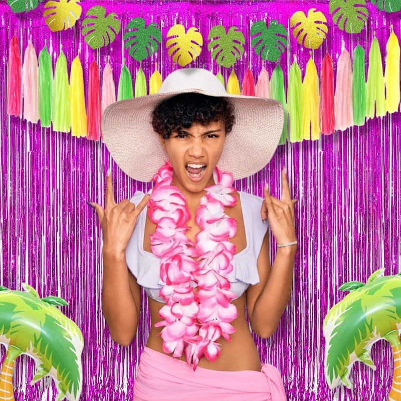 BRAVESHINE Hot Pink Tinsel Foil Fringe Curtains - 2Pcs 3.2x8.2ft Metallic Party Streamers Backdrop for Girl Birthdays Valentines Bridal Shower Bachelorette Hawaiian Luau Theme Party Decorations
