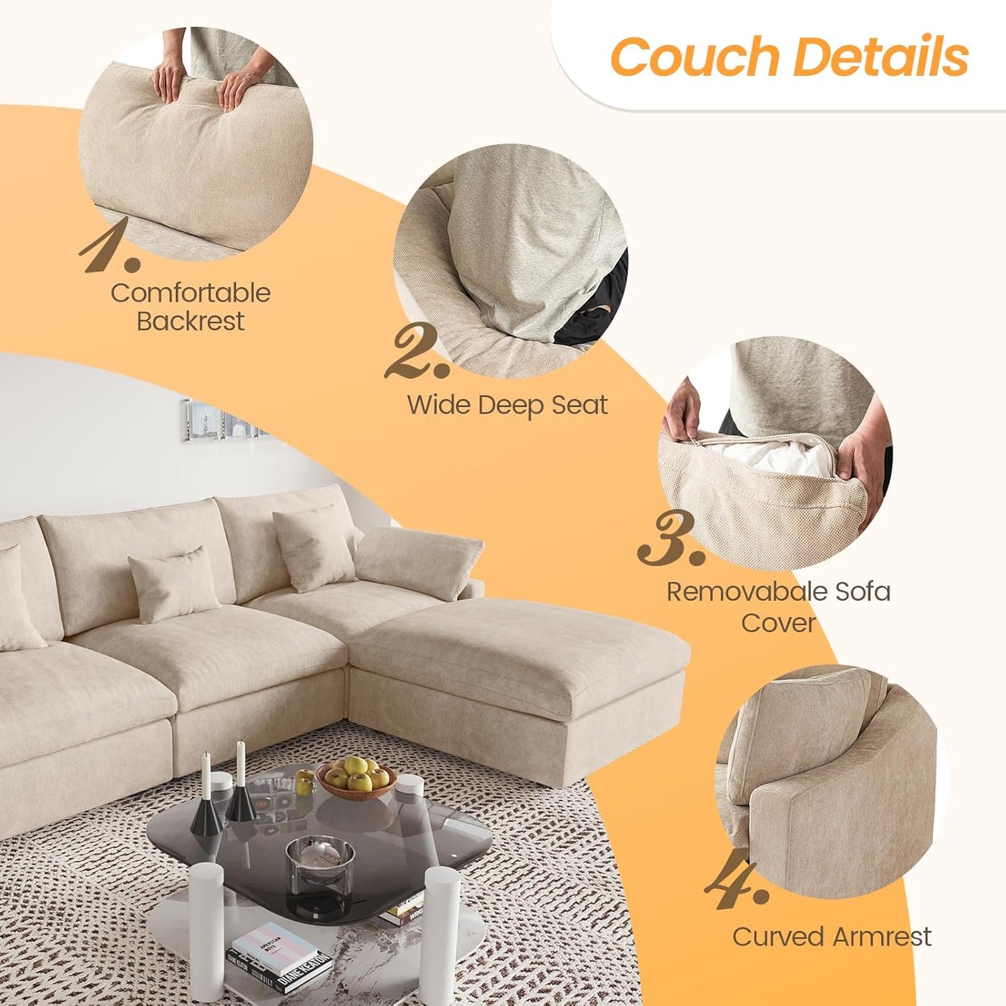 JACH L-Shaped Sectional Couches for Living Room, Cloud Sectional Couch with Deep Seat, Modular Sectional Sofa with Chaise, Covers Removeable & Washable, Sofas Furniture for Living Room, Khaki