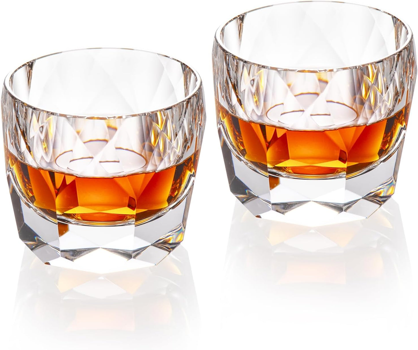 KAMMAK Crystal Whiskey Glasses Set of 2, 7.1oz Old Fashioned Glasses Stemless, Hand Blown White Cocktail Glasses, Luxury Handcrafted Cut Ice Ball Cup for Women, Perfect Men Gift for Bourbon