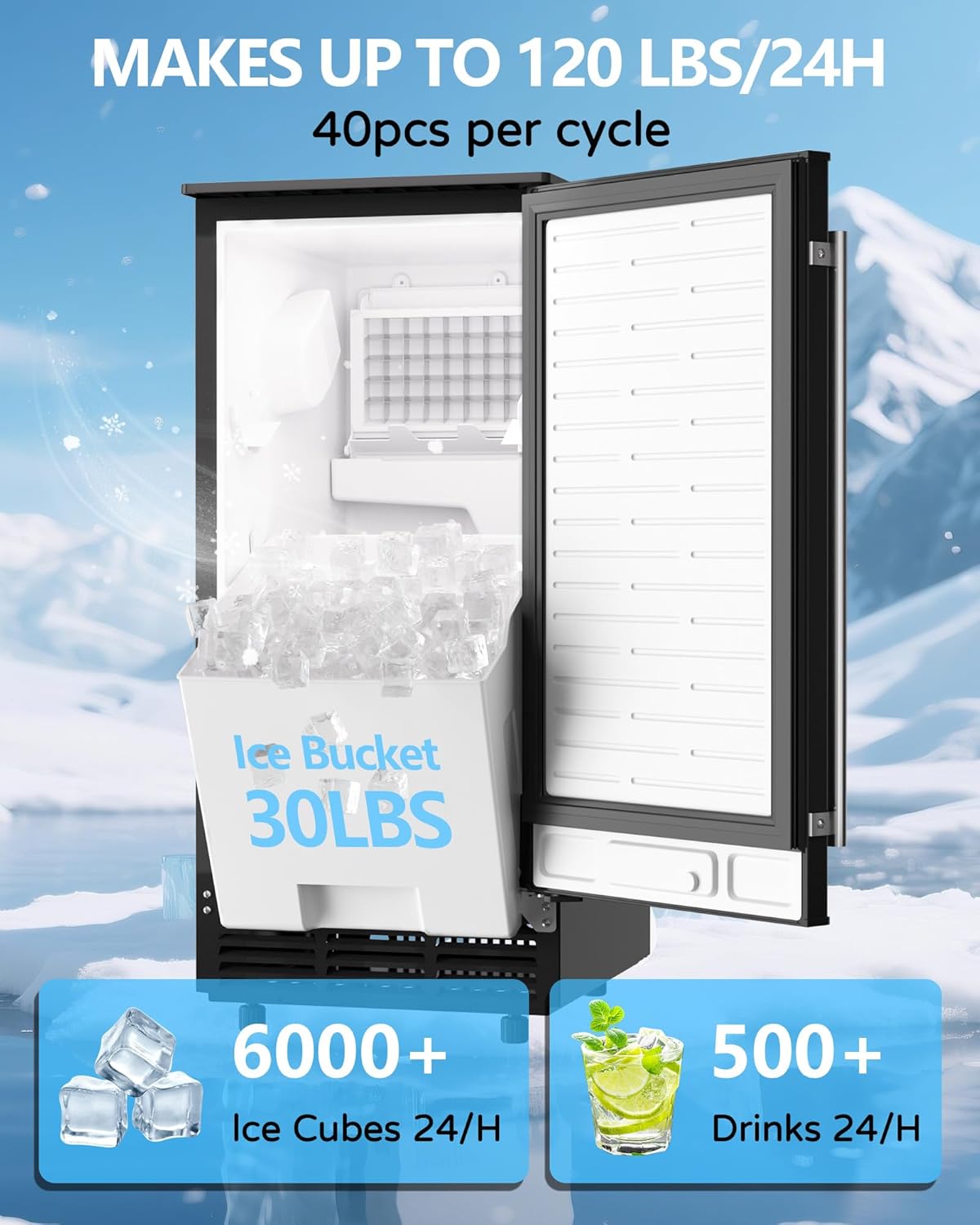 Commercial Ice Maker Machine Reversible Door 120LBS/Day, Undercounter Ice Makers 30LBS Storage Bin and 40 Ice Cubes, Icemaker Machine Brushed Metal with Water Line, Ice Scoop