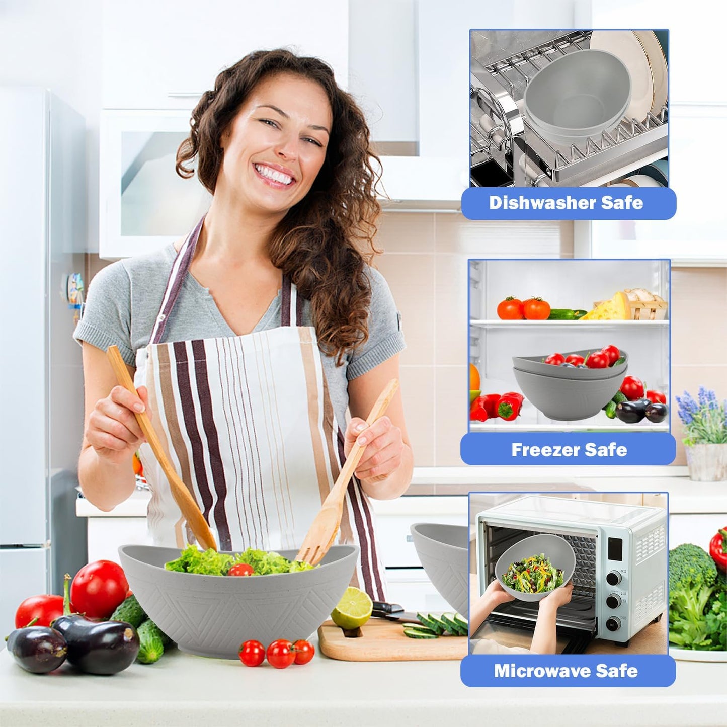 Wheat Straw Bowls Set,Unbreakable Large Salad Bowls Set of 2,Microwave and Dishwasher Safe Bowls Plastic Bowls for Eating,BPA Free Salad Bowl for Serving,Oatmeal and Salad.Gray