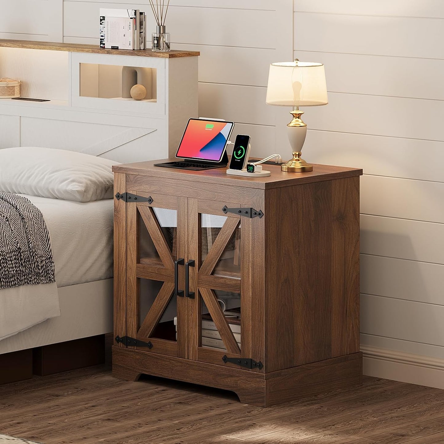 Farmhouse Side Table - 24" Large Night Stand Set 2, Wood Nightstand with Charging Station, Bedside Table with Adjustable Shelf, End Tables Living Room, Rustic Bed Side Tables Bedroom, Walnut