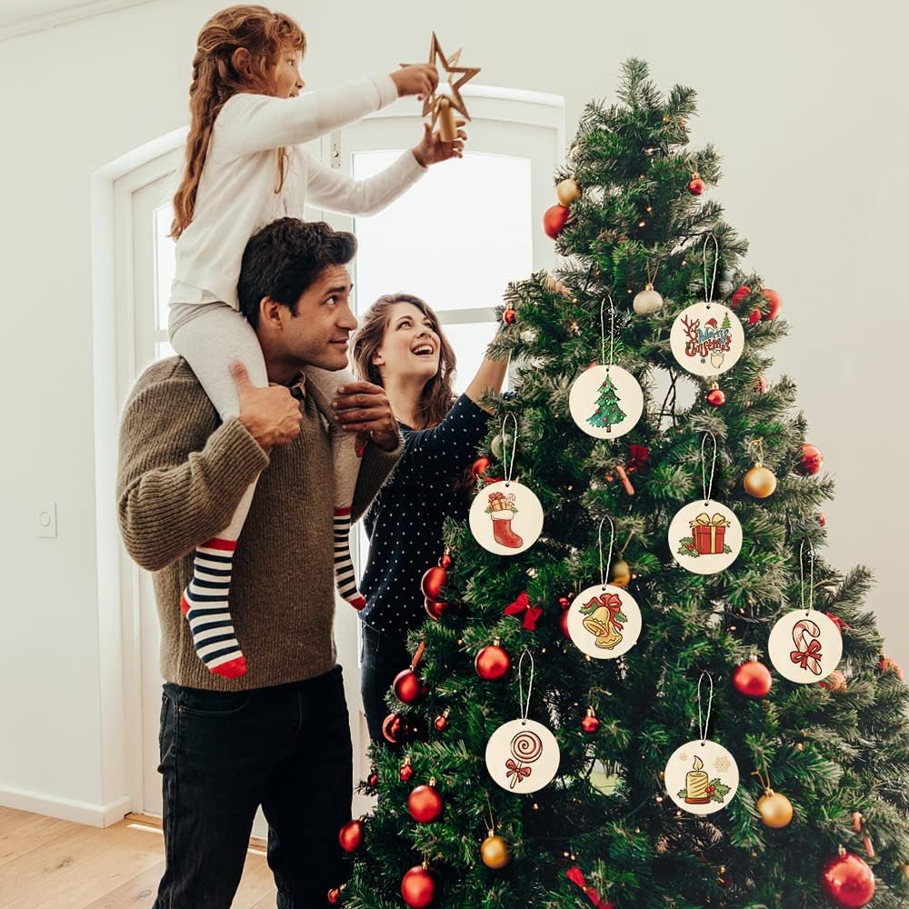 Unfinished Wooden Circles with Holes, 50Pcs 3 Inch Round Wood Tags Ornaments Blank Round Wooden Slices with Jute Twines for Sign Tags Christmas Home Party Hanging Decoration