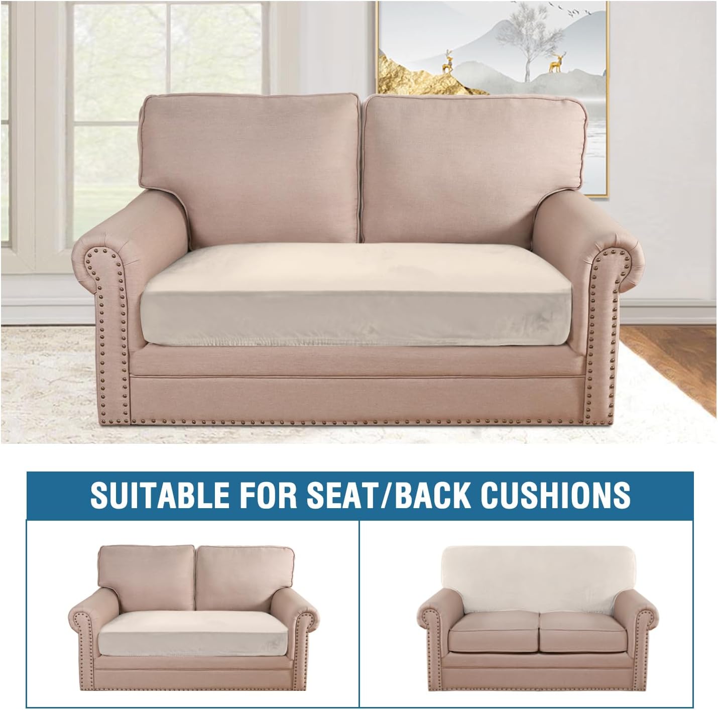 H.VERSAILTEX Velvet Stretch Individual Couch Cushion Cover Plush Slipcover for Loveseat Sofa Furniture Protector Seat Cover (1 Piece Loveseat Cushion Cover, Ivory)