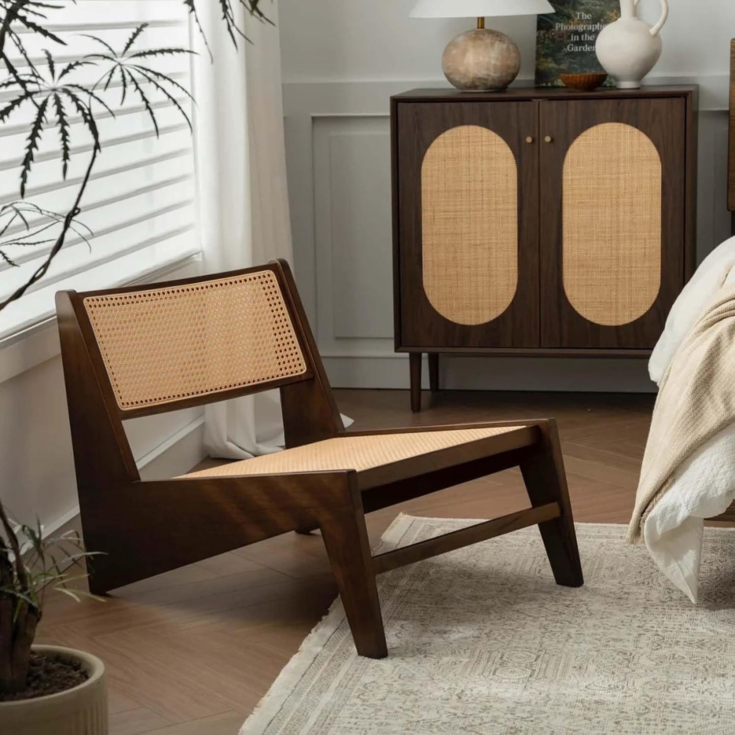 Rattan Chair 2Pcs, Mid-Century Accent Chair, Rattan Lounge Chair for Living Room, Boho Side Corner Comfy Chair for Bedroom and Balcony, Walnut