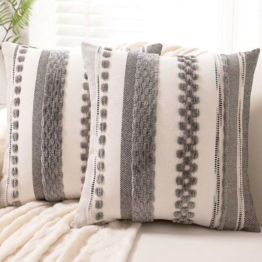Boho Throw Pillow Covers 18x18 Set of 2 Farmhouse Decorative Cushion Case Striped Square Pillows Cover Chenille Pillow Cases Accent Neutral Pillowcase for Sofa Couch Bed,Gray