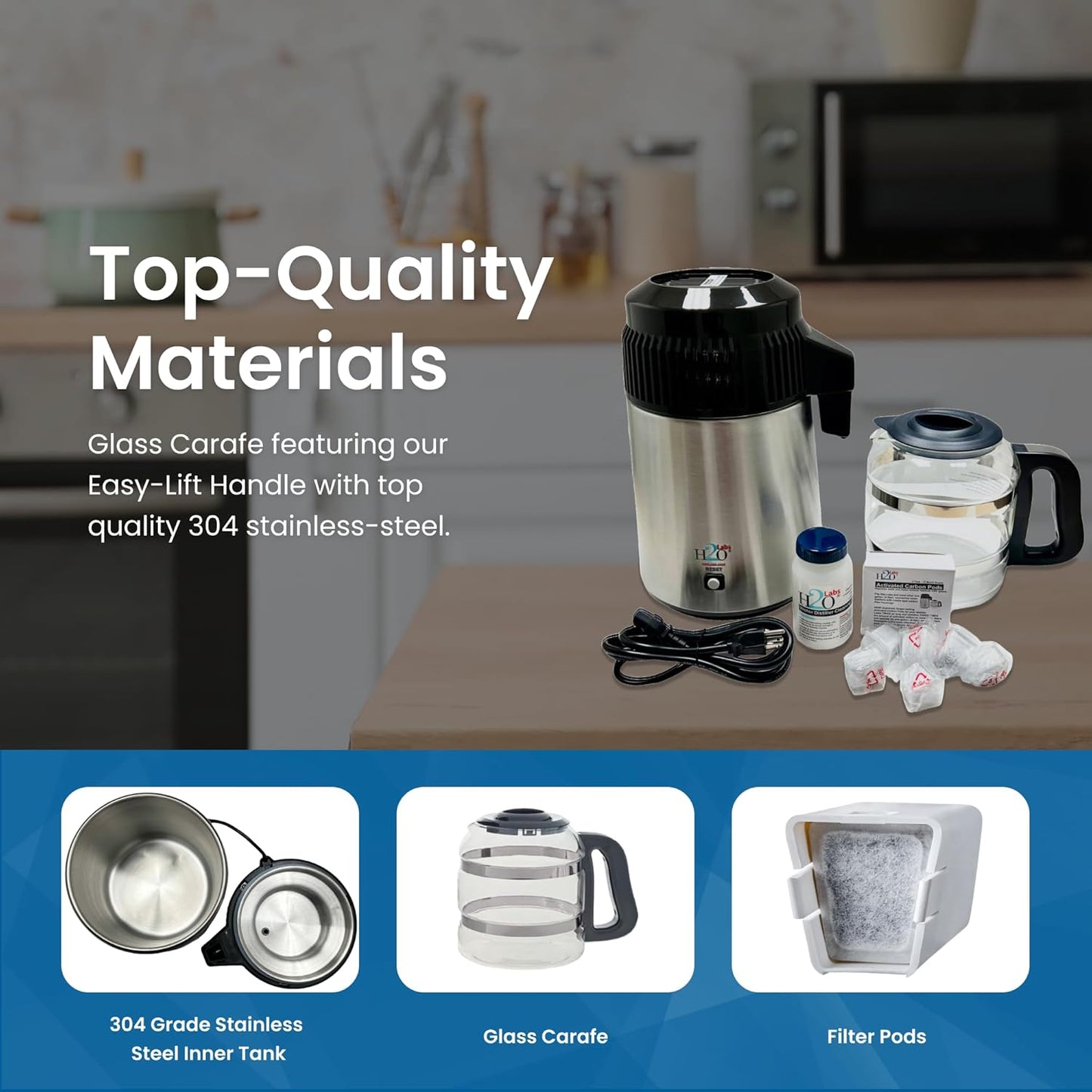 H2o Labs Best-in-Class Countertop Water Distiller - Stainless Steel Home Water Distiller with 1 Gallon Glass Carafe - Porcelain Nozzle Insert & Optimal Heating Element for Pure Distilled Water - 300SS