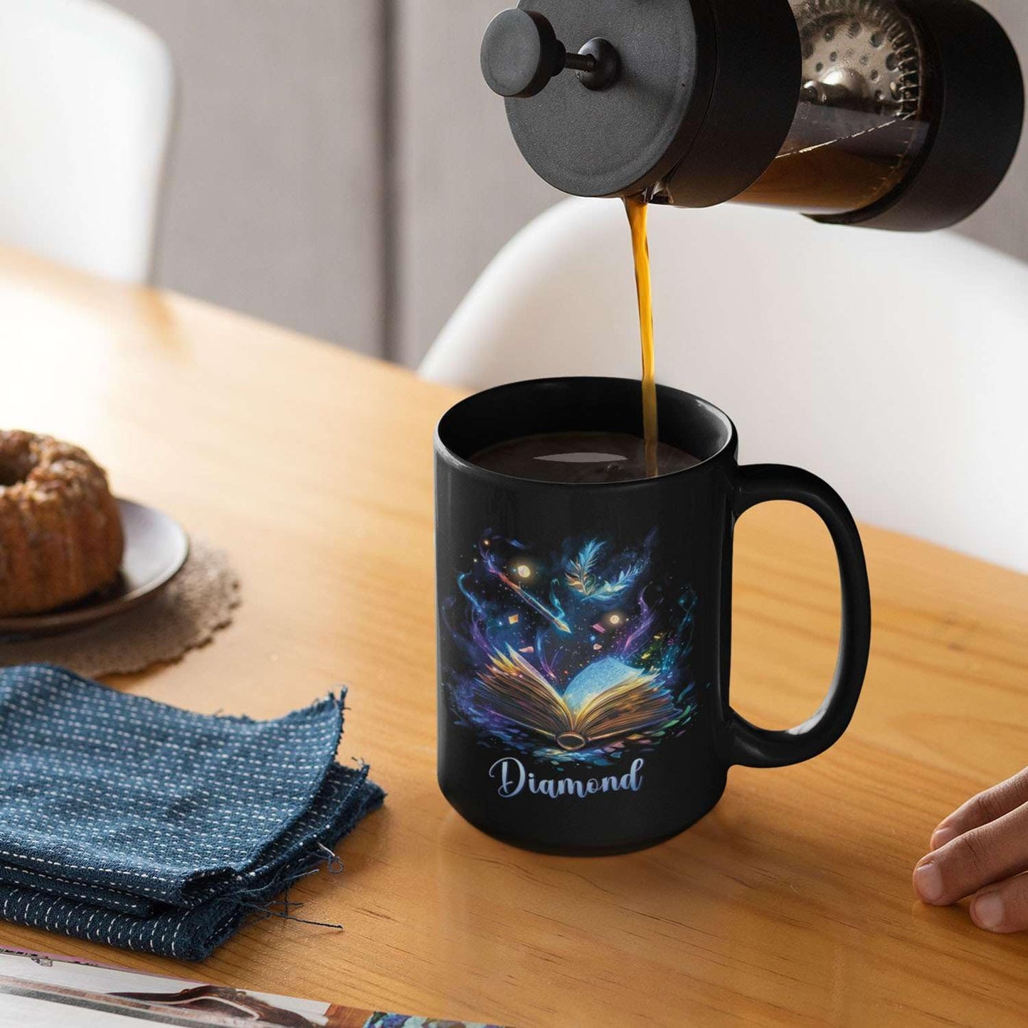 Personalized Sparkling Book Coffee Mug, Custom Name Enchanted Book Design Cup, Customized Fantasy Inspired Ceramic Mug, Gift For Women Men, Book Enthusiasts Black Cup 11oz Or 15oz
