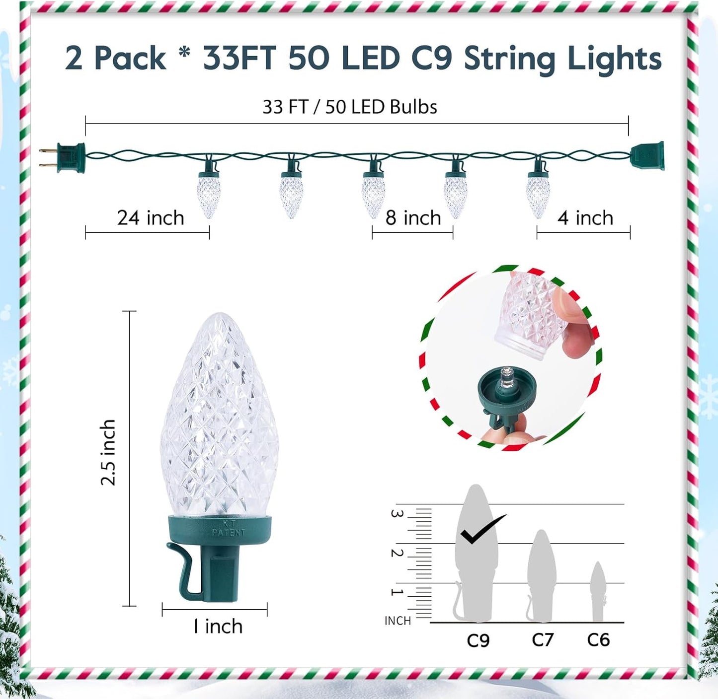 Brightown 2 Pack White C9 LED Christmas String Lights - 33ft 50 LED Waterproof Strawberry String Lights, Plug-in Extendable Green Wire Lights String for Outdoor Indoor Patio Party Decoration