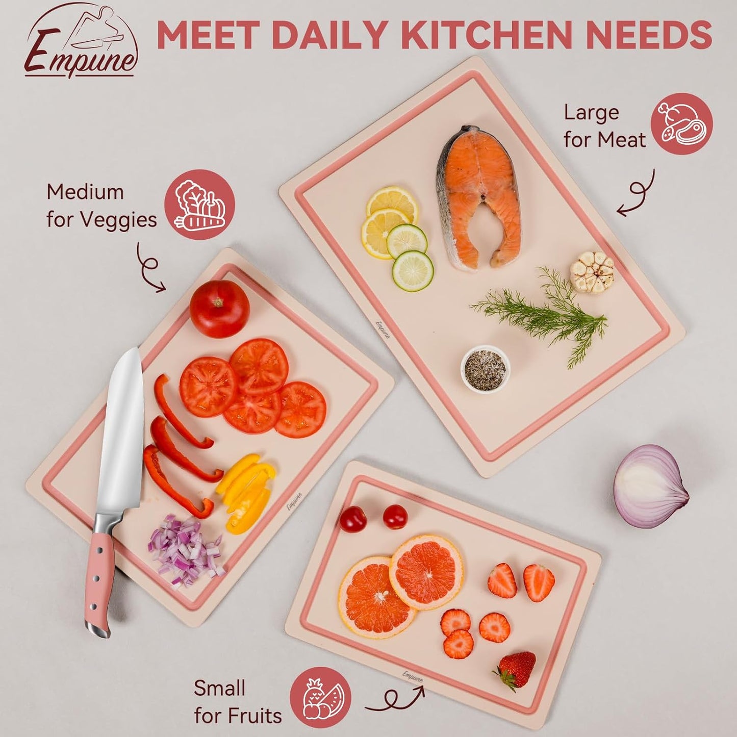 Empune Plastic Cutting Board Set, Recycled Plastic Cutting Boards for Kitchen (Set of 3), Dishwasher Safe Large Chopping Board with Holder, Non-slip Feet and Juice Grooves, Nonporous, Pink