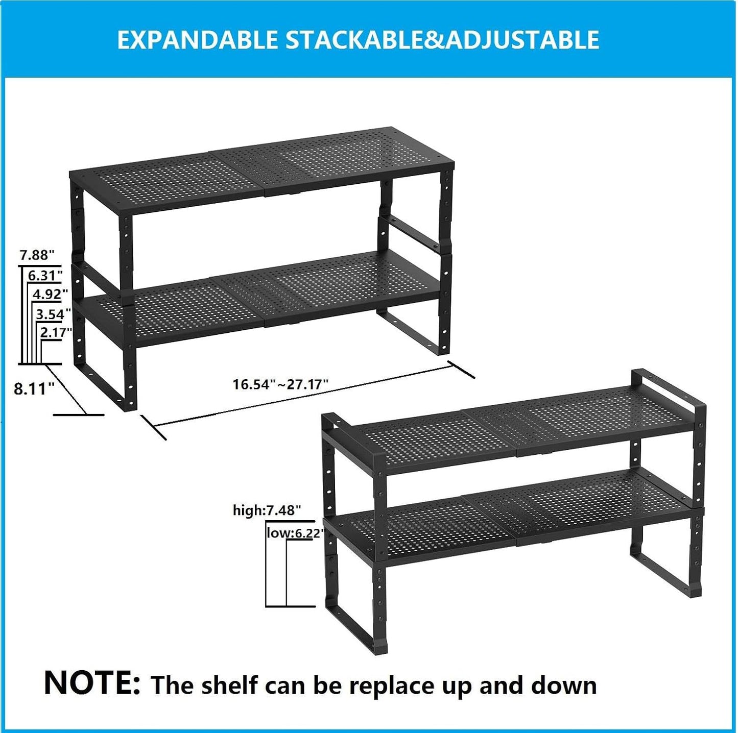 Expandable,Adjustable & Stackable Spice Rack, Cabinet Kitchen Countertop Shelf Organizer,Metal Pantry Storage Shelves - Space-Saving Storage Solution(2Packs/Black/Medium)