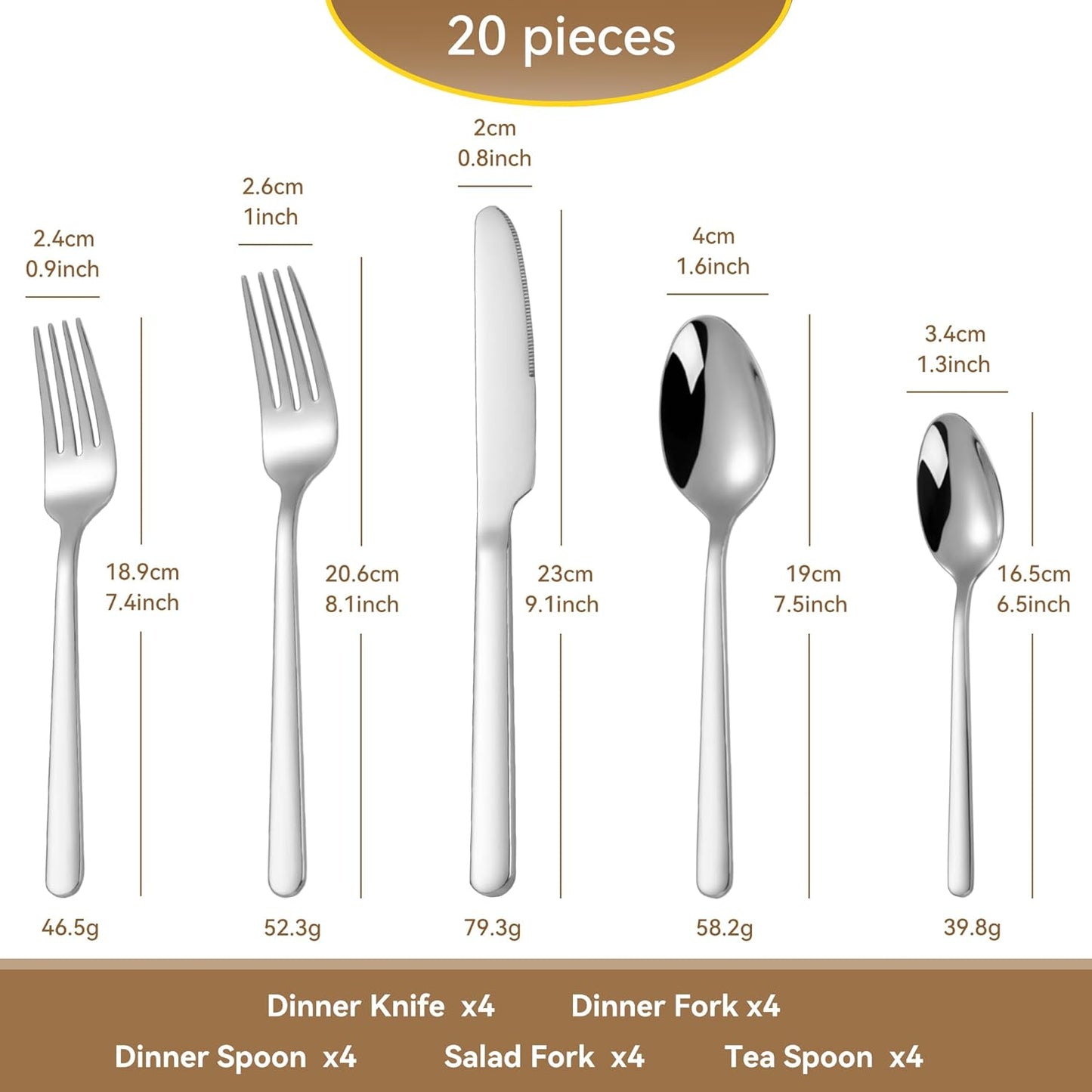20 Piece 18/10 Stainless Steel Silverware, Rust Proof Flatware Set for 4, Heavy Duty Silverware Set, fork Spoon Knife Set, Dishwasher Safe