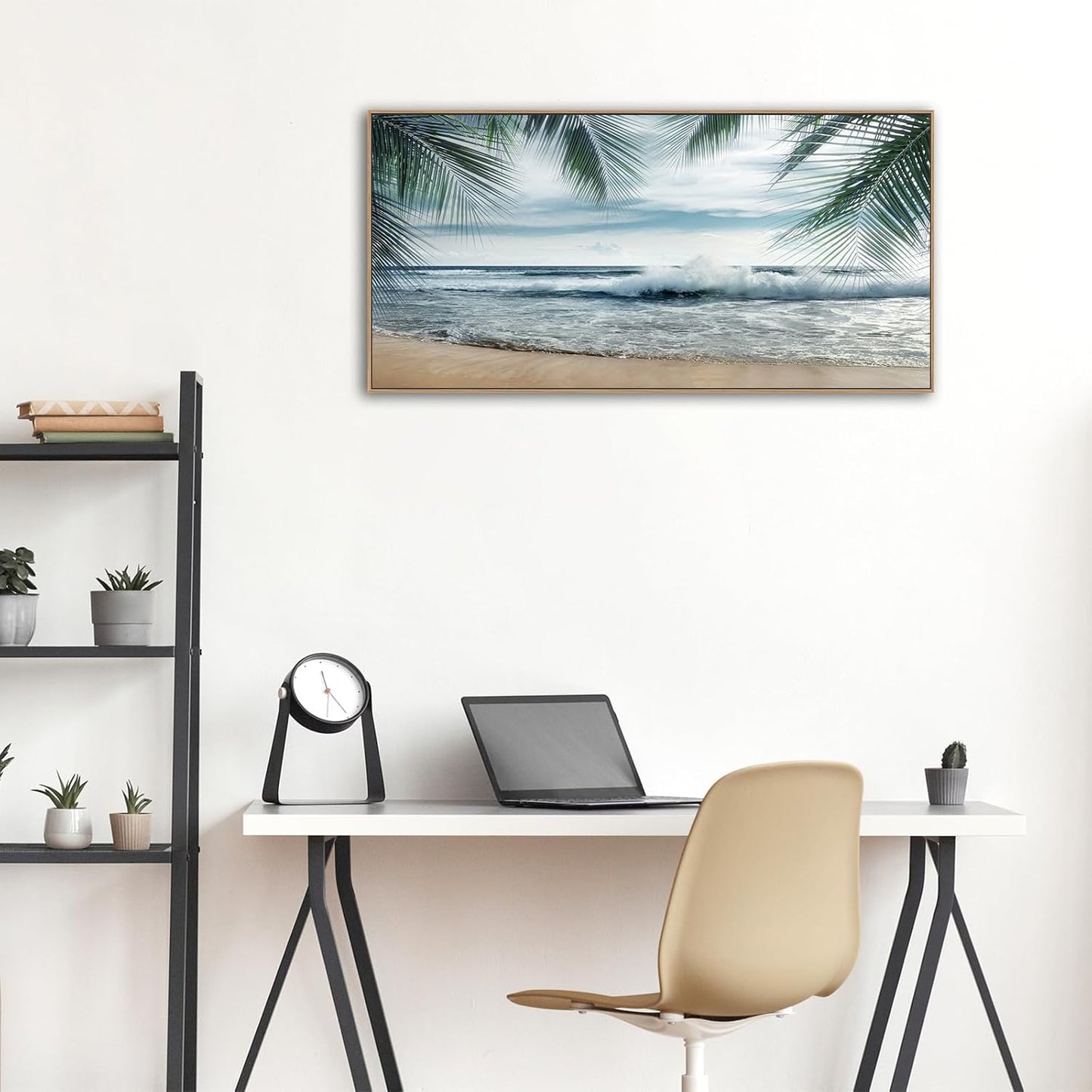 Framed Tropical Beach Wall Art - Ocean Waves Canvas Pictures Coastal Blue Sky and Sea Print Seaside Palm Tree Leaves Scene Painting Artwork Living Room Bedroom Office Home Decor 20" x 40"