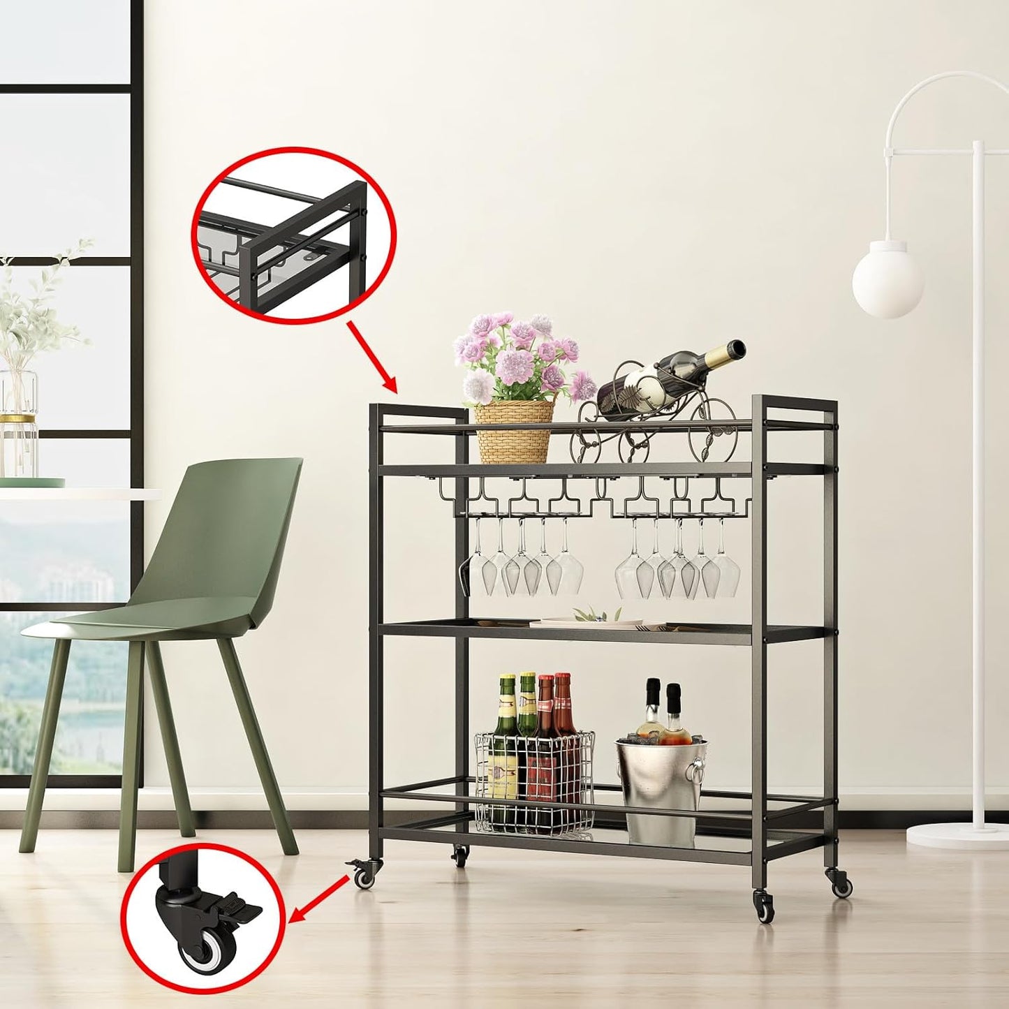 Glass Black Bar Carts for Home with Hanging Wine Rack - Home Bar Serving Cart with 3 Mirrored Shelves, Kitchen Bar Carts, Wine Cart for Entertaining, Club Party.