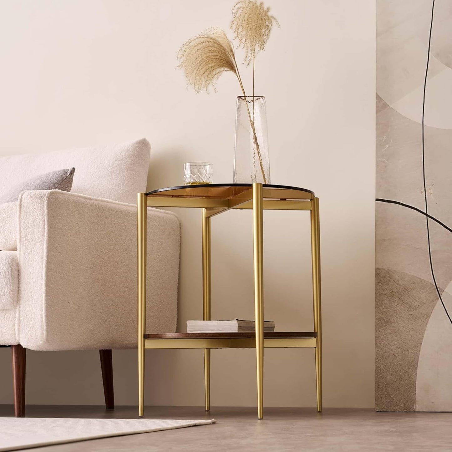Round Glass End Table, Mid-Century Modern Design Sofa Table for Living Room, D18 x H23, 2-Tier Structure, Amber Glass Top and Walnut Shelf, Sleek Conical Legs with Gold Finish Frame